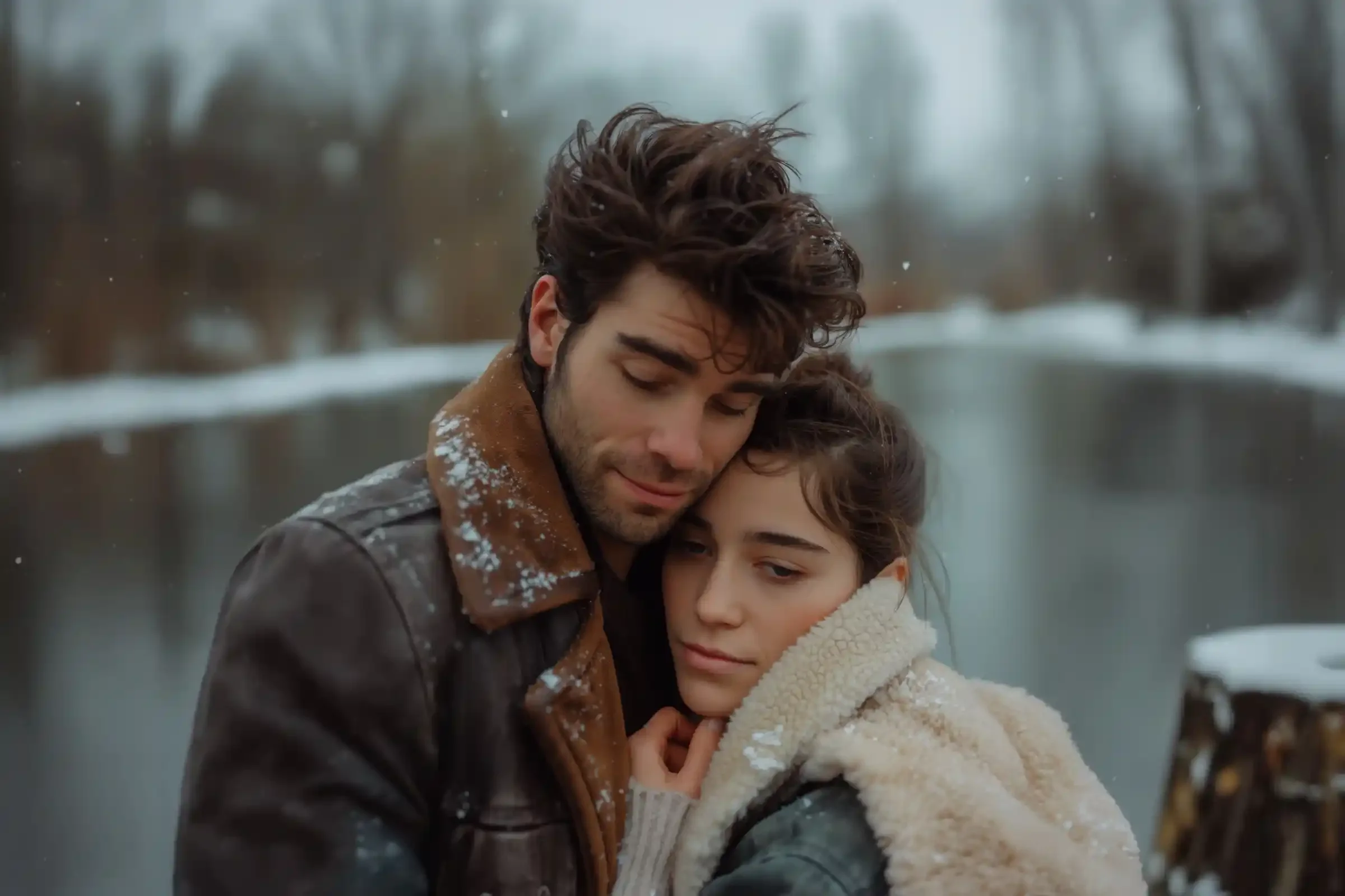 A young couple cuddles closely outdoors in winter, both wearing warm coats with snowflakes in their hair. The background features a snow-covered riverbank and bare trees, creating a peaceful, intimate atmosphere.