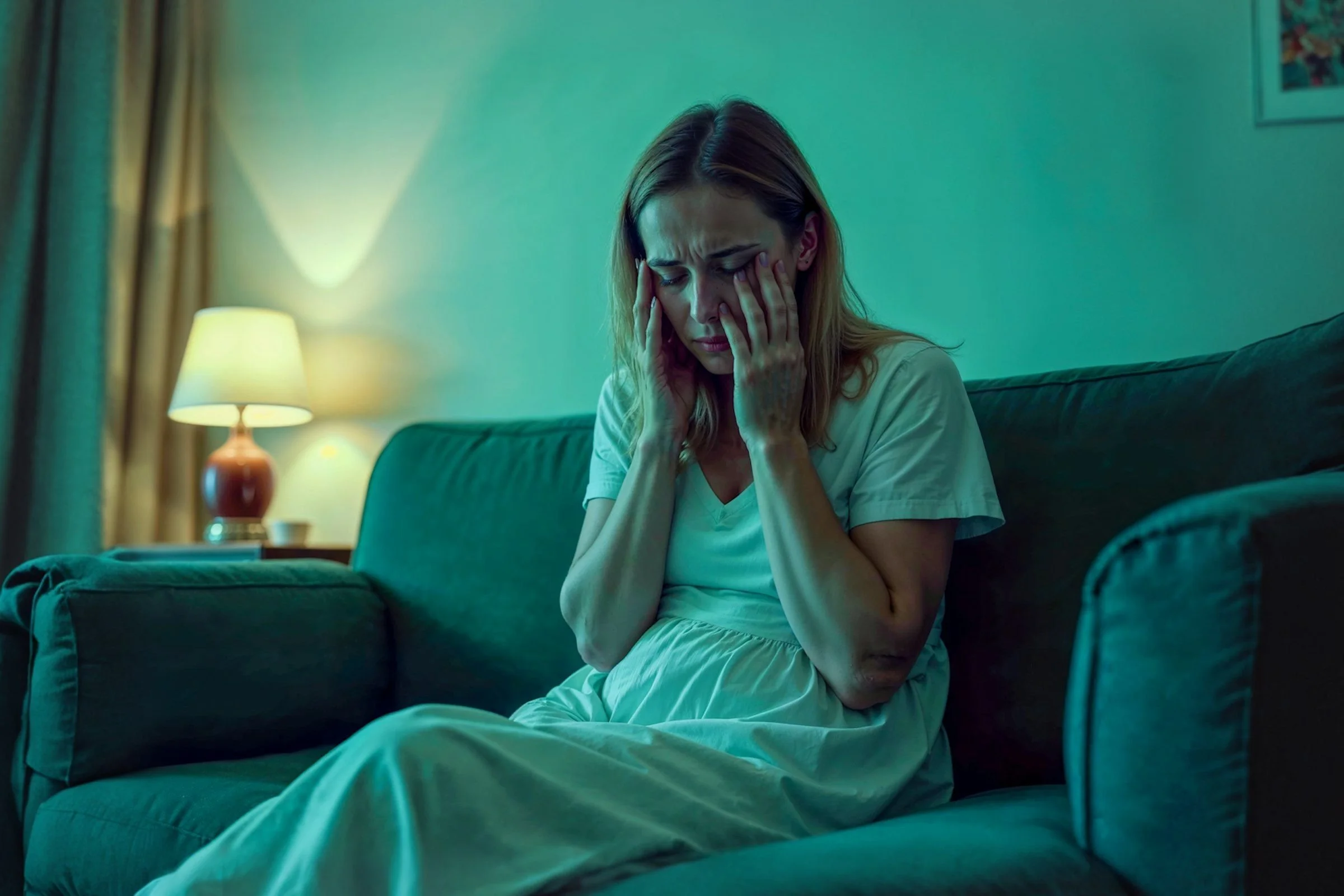 A woman in a white dress sits on a sofa at night, looking stressed and tired, with her hands covering her face. A lit lamp and curtains are visible in the softly lit background.