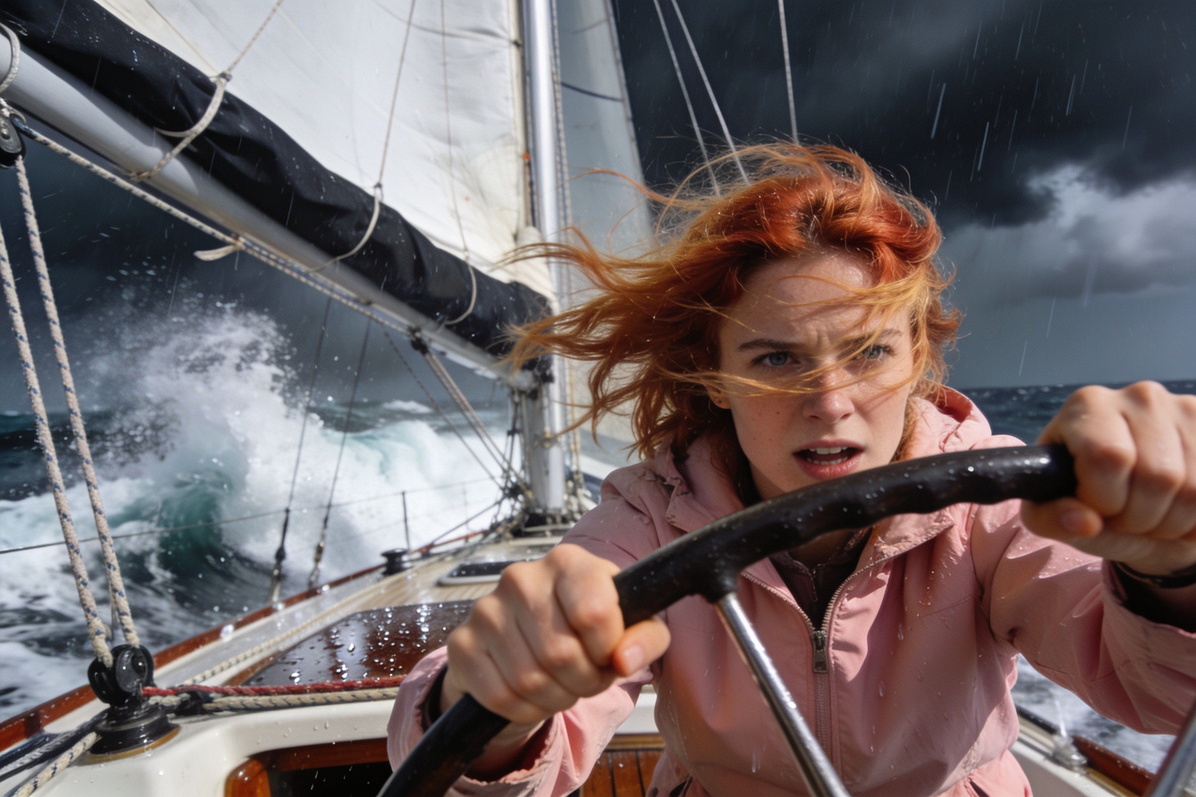 A woman with red hair grips the wheel of a sailboat, looking intense and focused as waves crash and rain falls around her under dark, stormy skies.