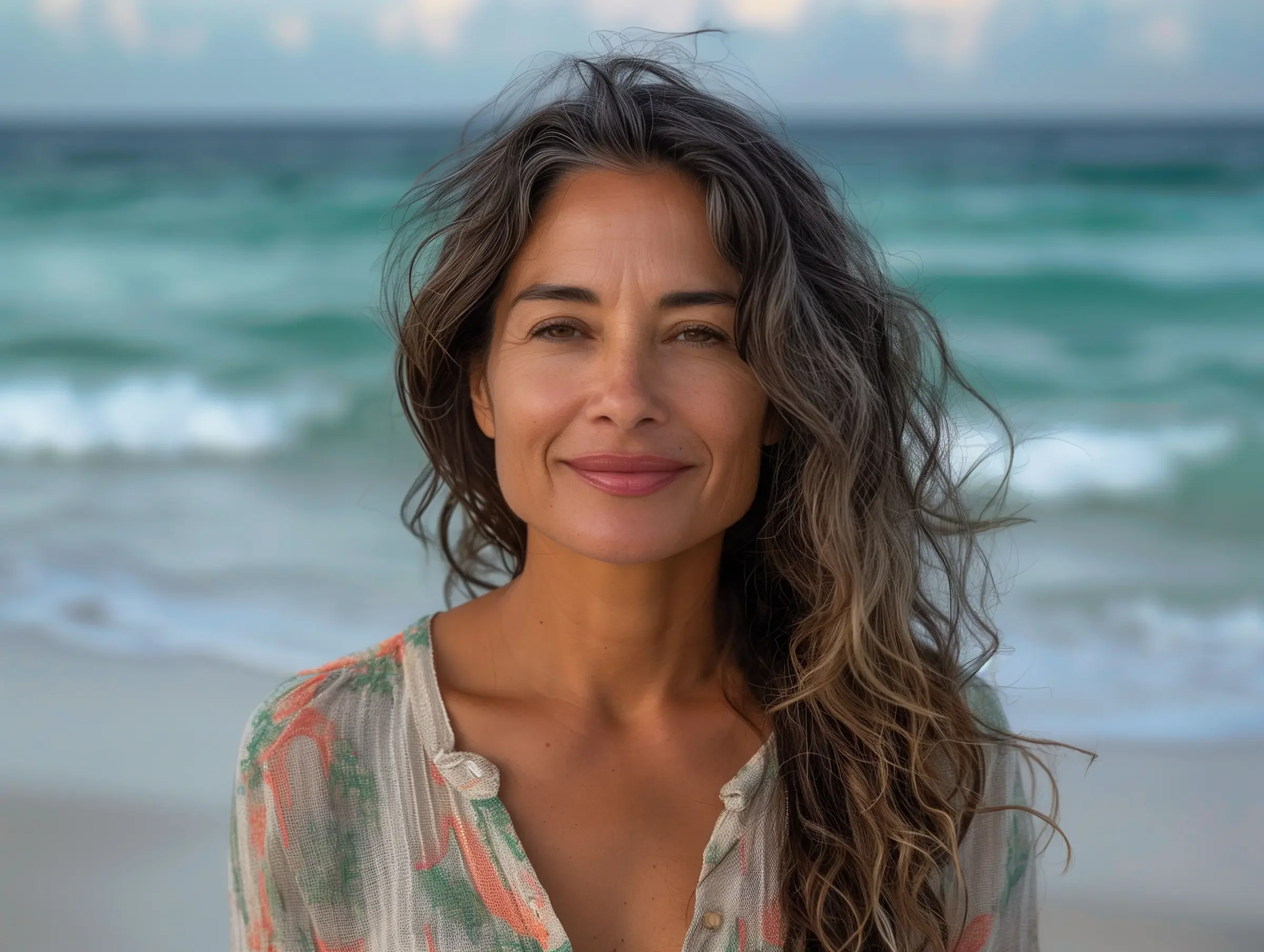 A woman with long, wavy brown hair and a light-colored patterned blouse smiles gently while standing on a beach, with the ocean and waves visible in the background.