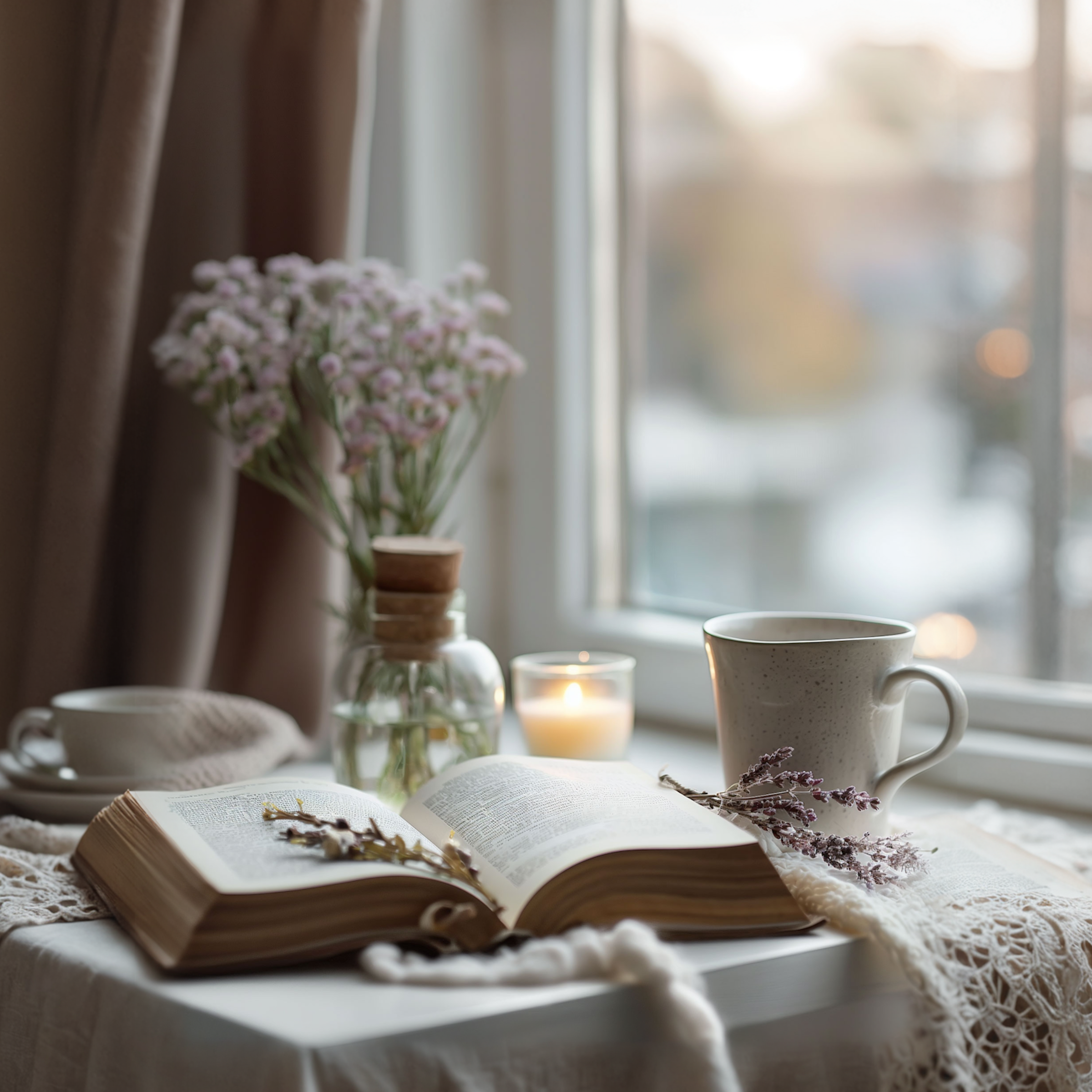 An open book, a mug, a small vase of flowers, and a lit candle sit on a table by a window.