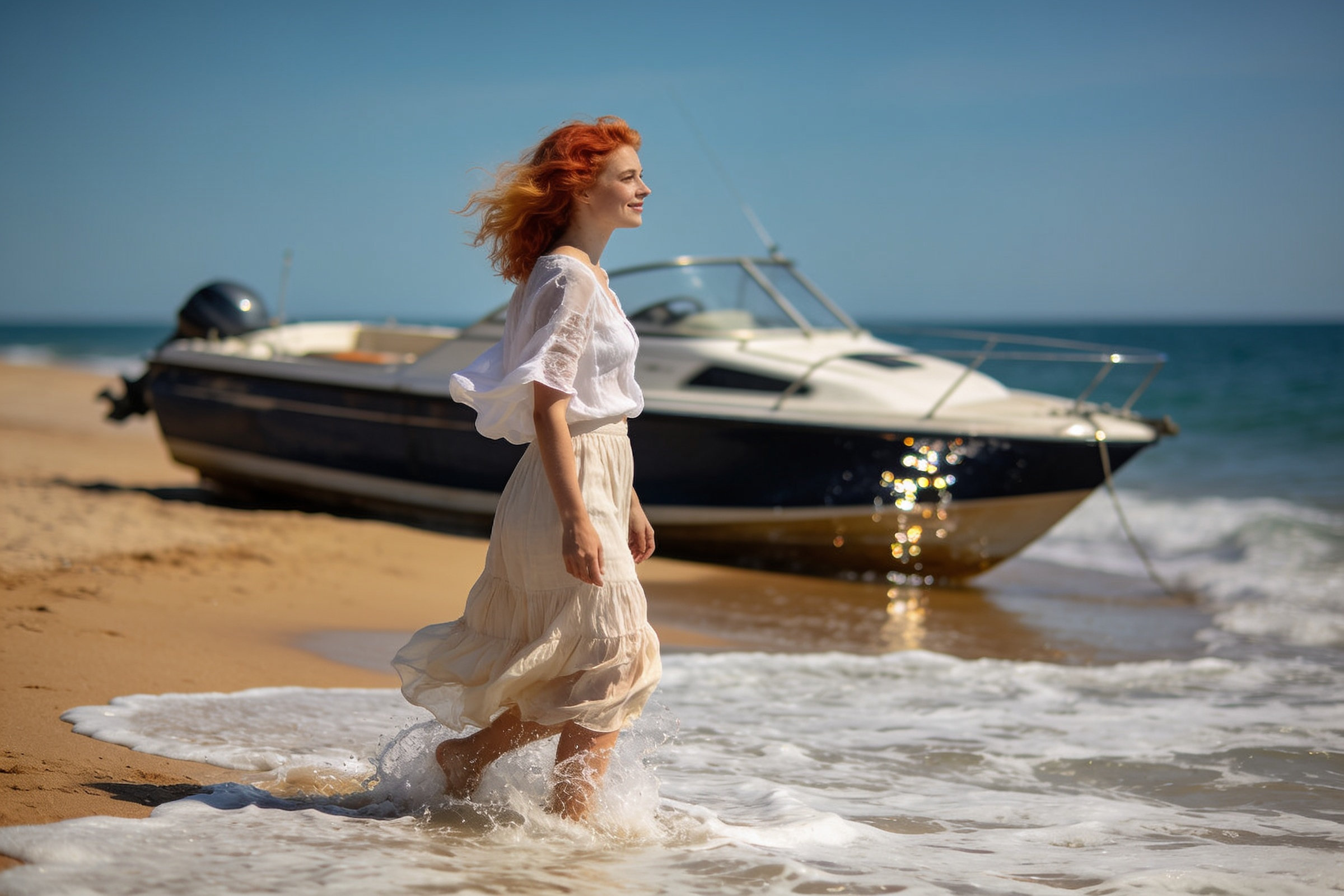A woman with red hair in a white blouse and long skirt walks barefoot along a sandy beach, with gentle waves at her feet and a motorboat anchored nearby on the shore.