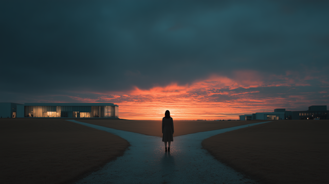 Person stands alone at a forked path facing a glowing sunset horizon, symbolizing the disorientation and decision making that can come with emotional flashbacks.