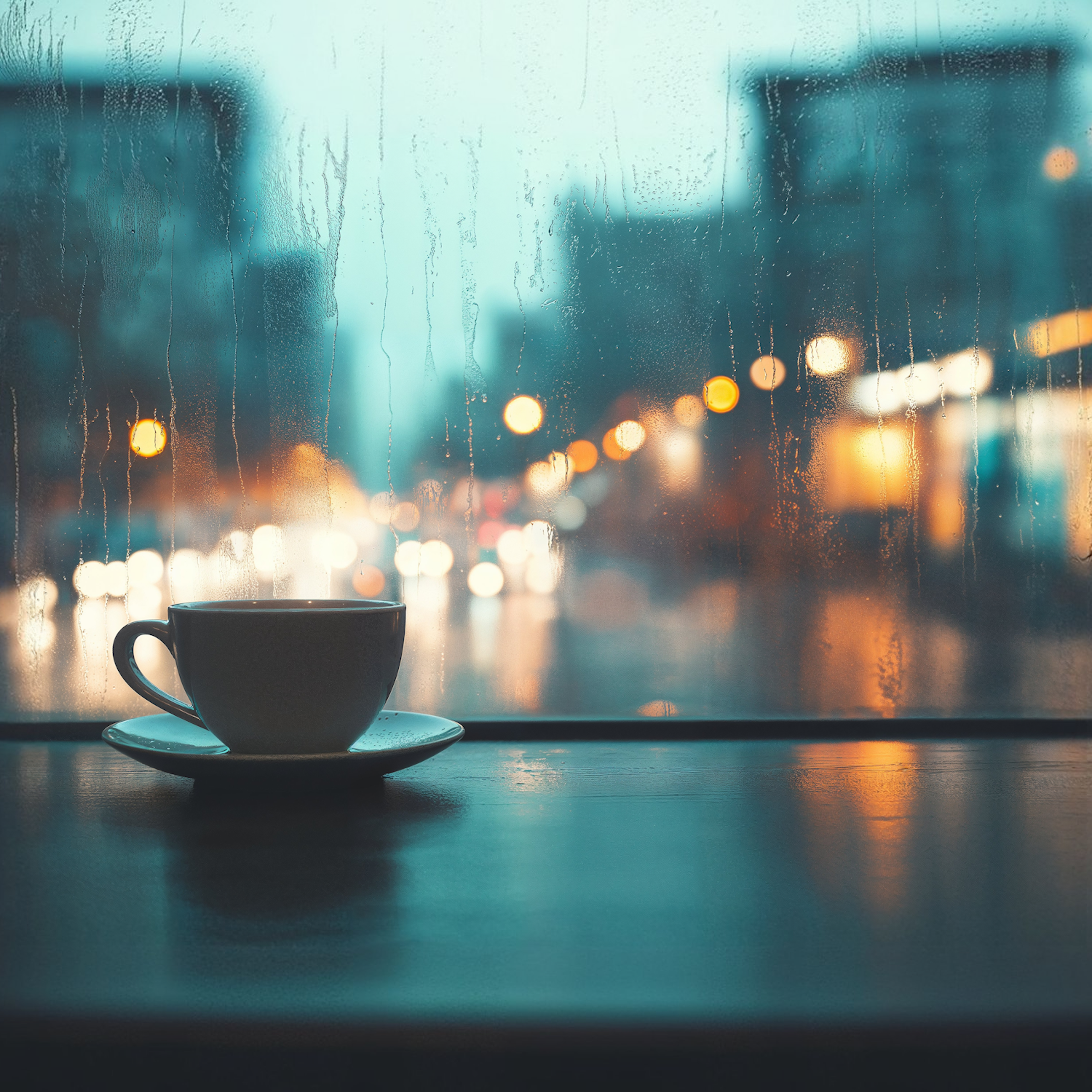 A cup of coffee resting on a windowsill next to a rain-covered window.