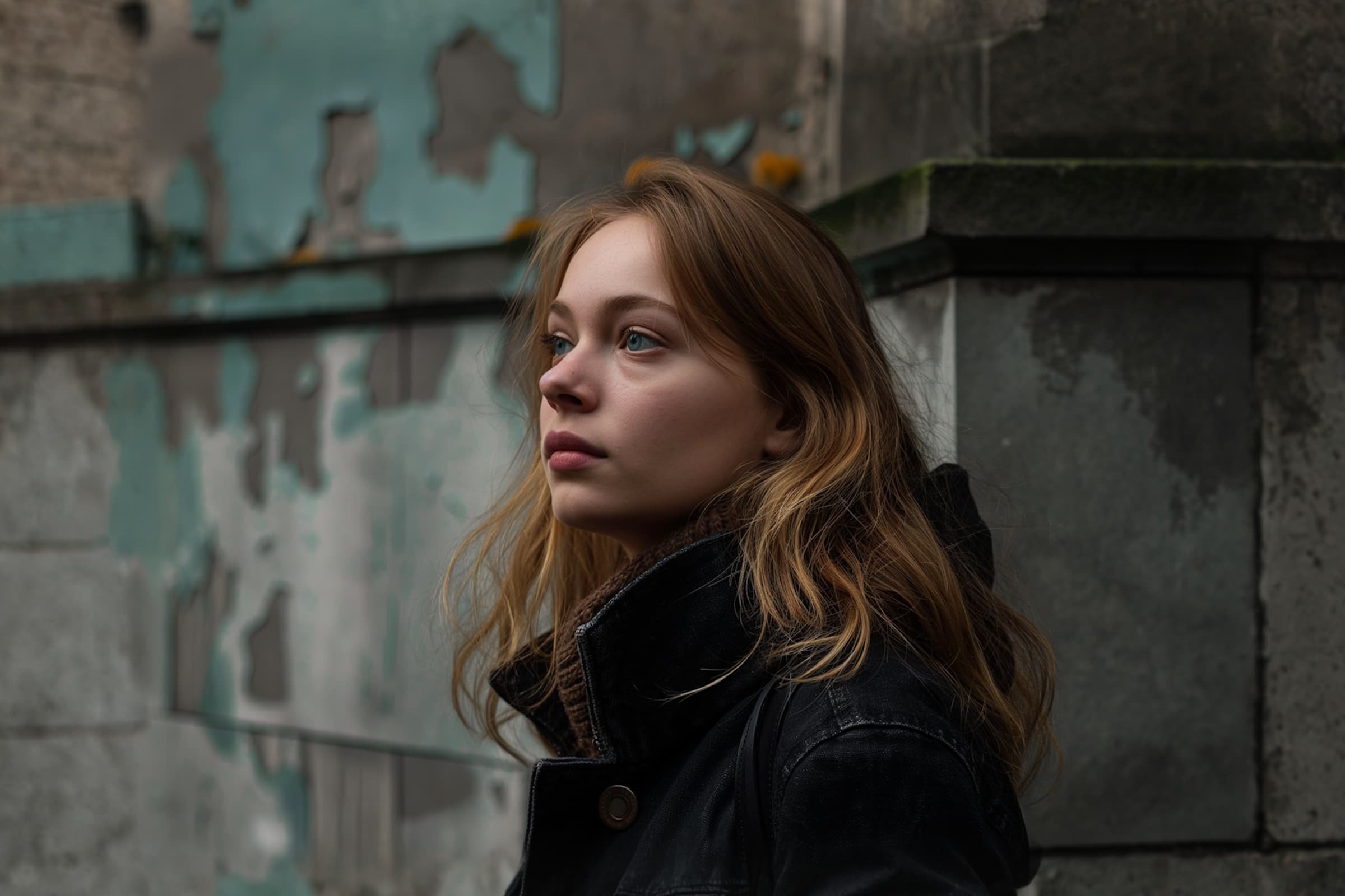 A young woman with light brown hair and a black coat stands outdoors beside a weathered, peeling wall, looking thoughtfully into the distance. The background is muted and worn, adding a moody atmosphere.