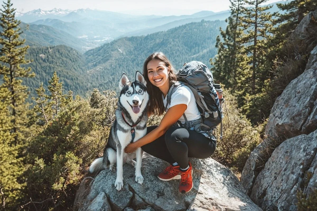Smiling woman with a backpack crouches beside a husky on a rocky mountain overlook with forested hills in the background. Outdoor hiking scene reflects a grounding moment in nature that supports learning how to calm your nervous system.