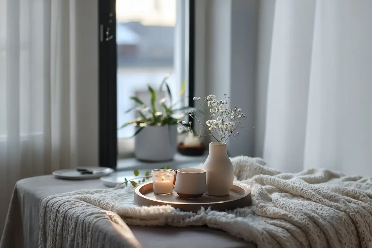 A cozy scene with a tray holding a small vase of white flowers, a candle, and a cup on a textured blanket by a sunlit window with potted plants in the background.