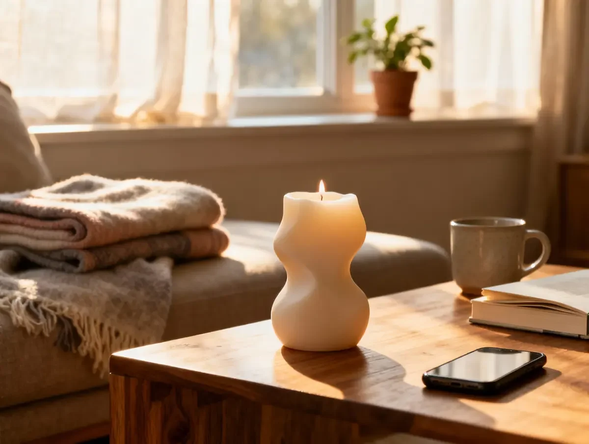 A uniquely-shaped white candle is lit on a wooden coffee table beside a smartphone, a mug, and an open notebook; a folded blanket and a potted plant sit on a sofa in a sunlit, cozy room.