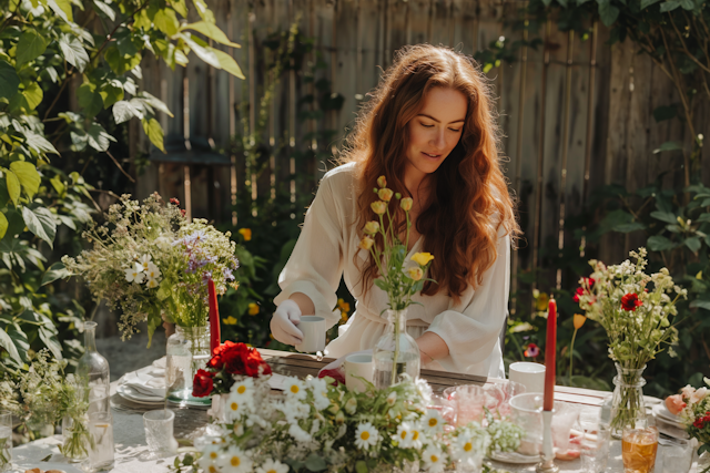 A woman with long red hair in a white dress arranges flowers on an outdoor table, creating a setting reminiscent of IFS therapy—serene and harmonious—adorned with wildflowers, candles, and glassware amid sunlit greenery.
