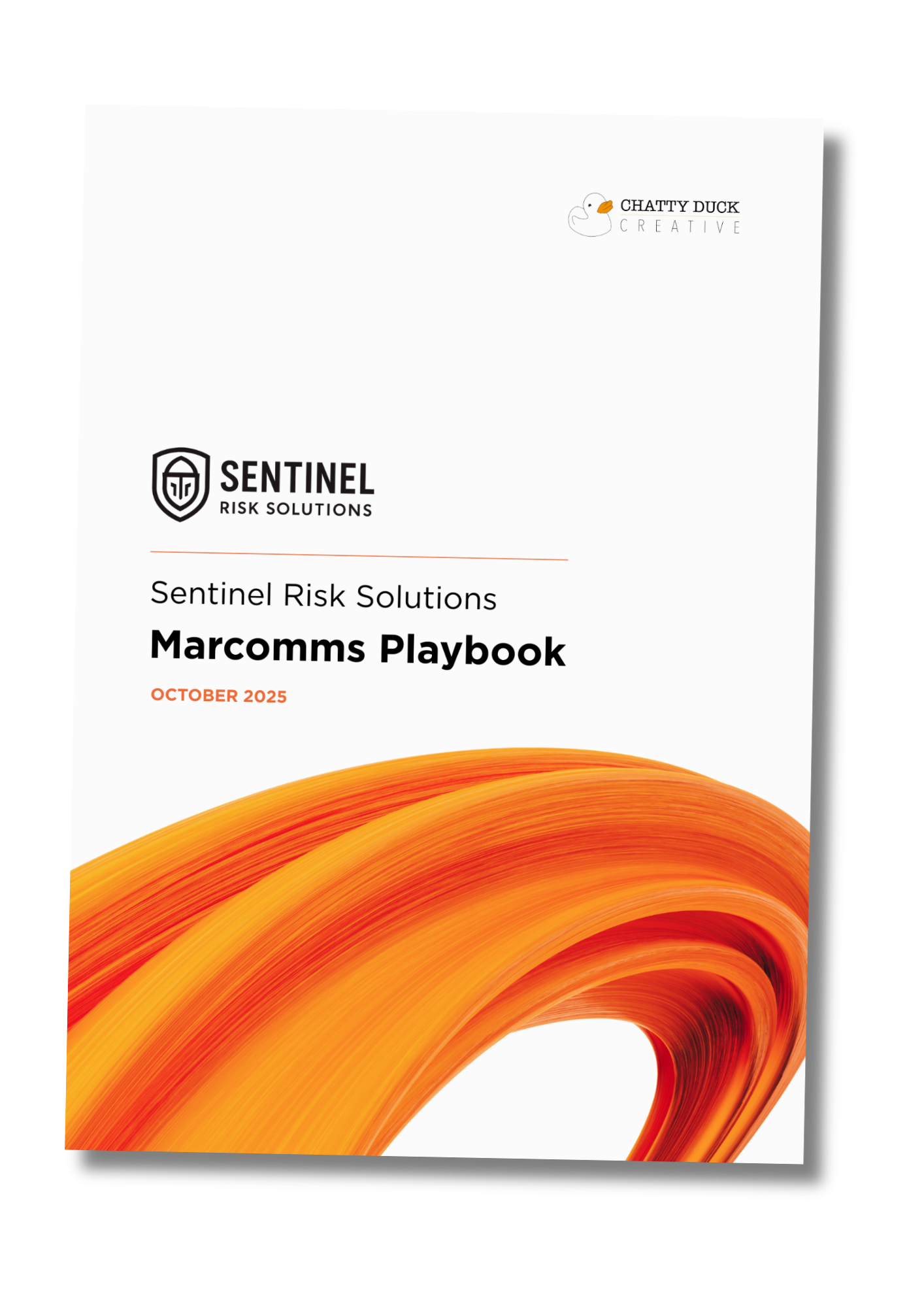 Cover page of a Marcomms Playbook for Sentinel Risk Solutions, featuring an orange swirl graphic and Chatty Duck Creative logo.
