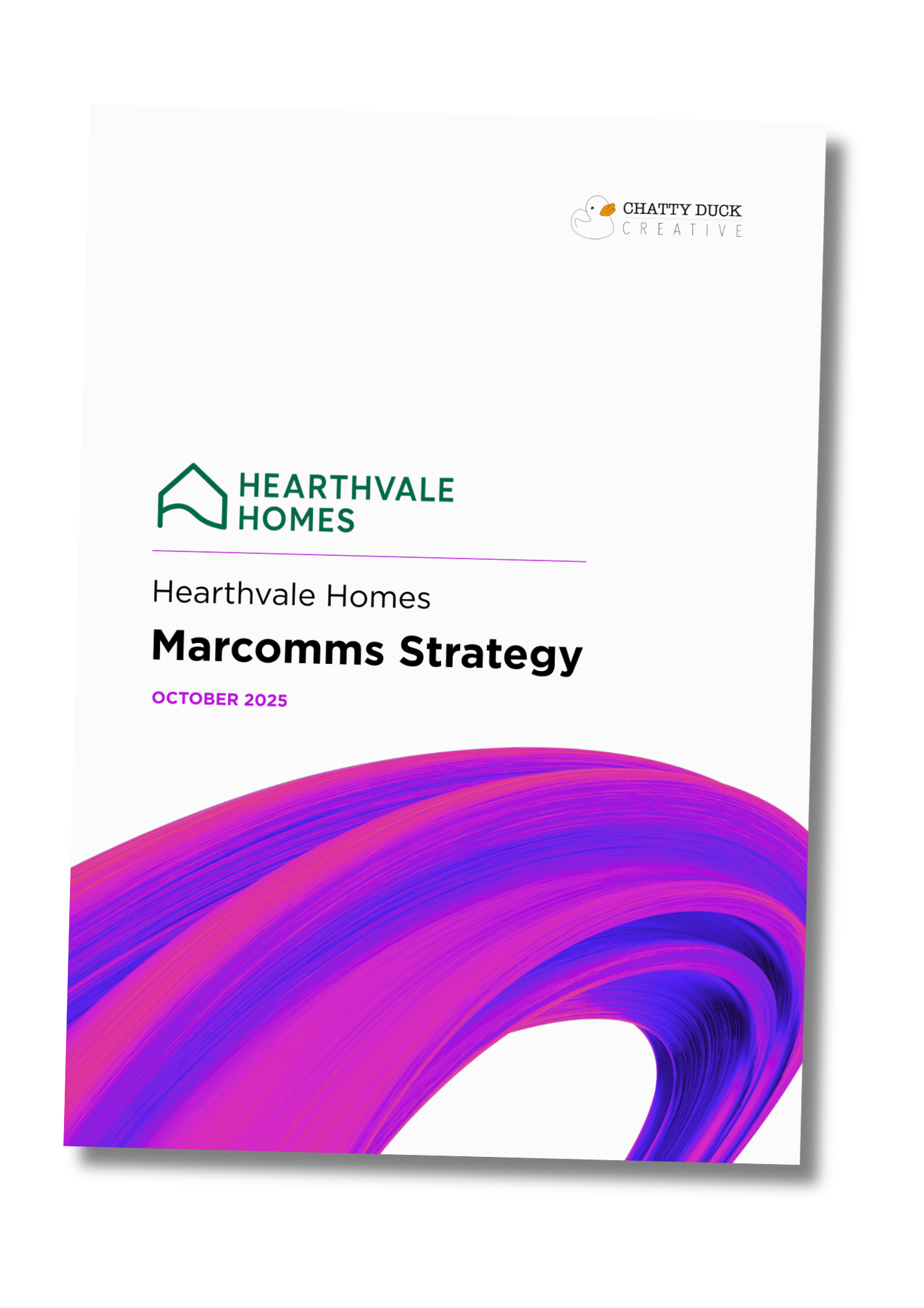 Cover page of a Marcomms Strategy for Hearthvale Homes, featuring an abstract purple swirl design and the Chatty Duck Creative logo.