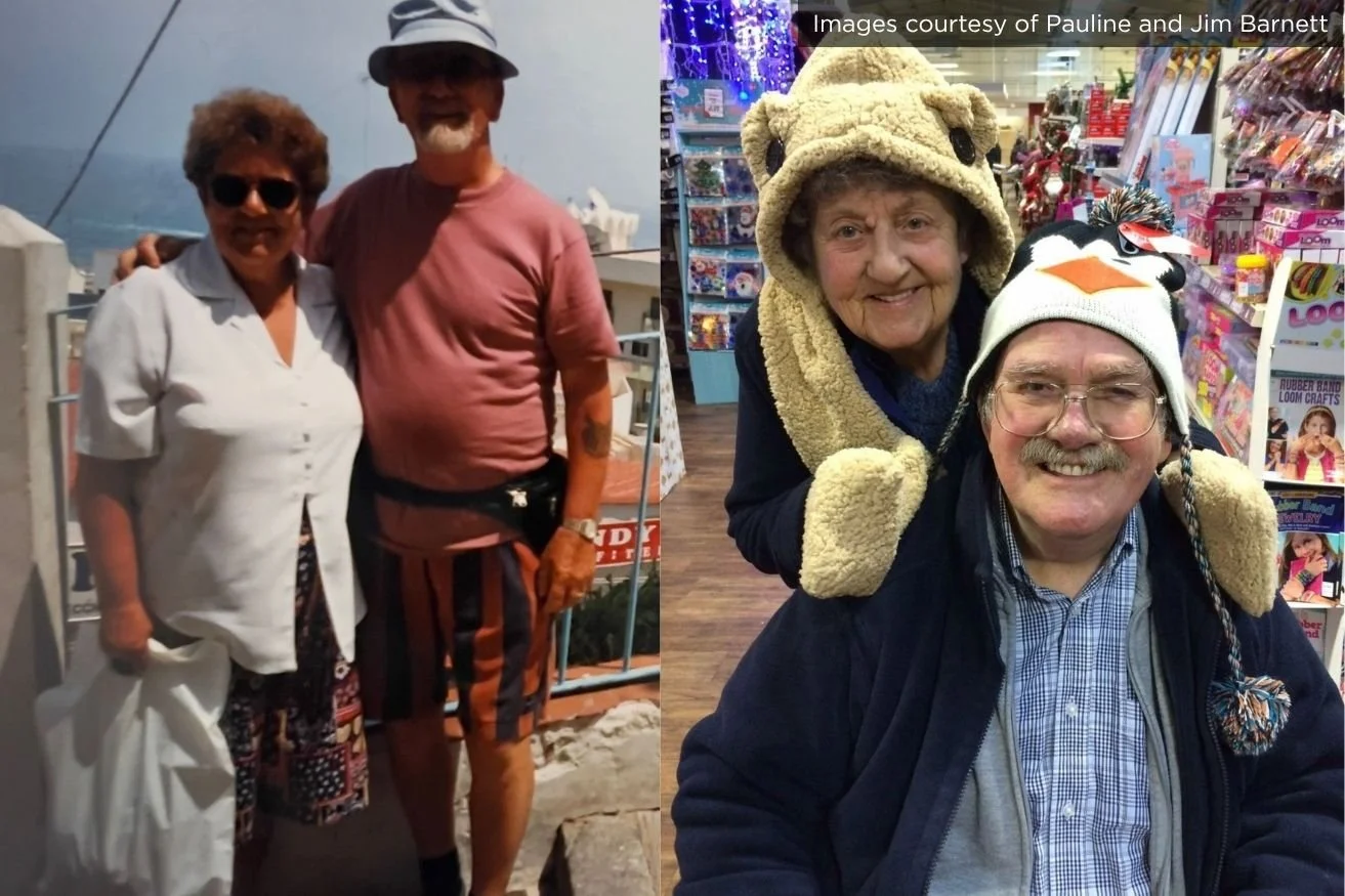 A man and woman on the left in sunglasses and on the right the same man and woman, older and wearing novelty hats