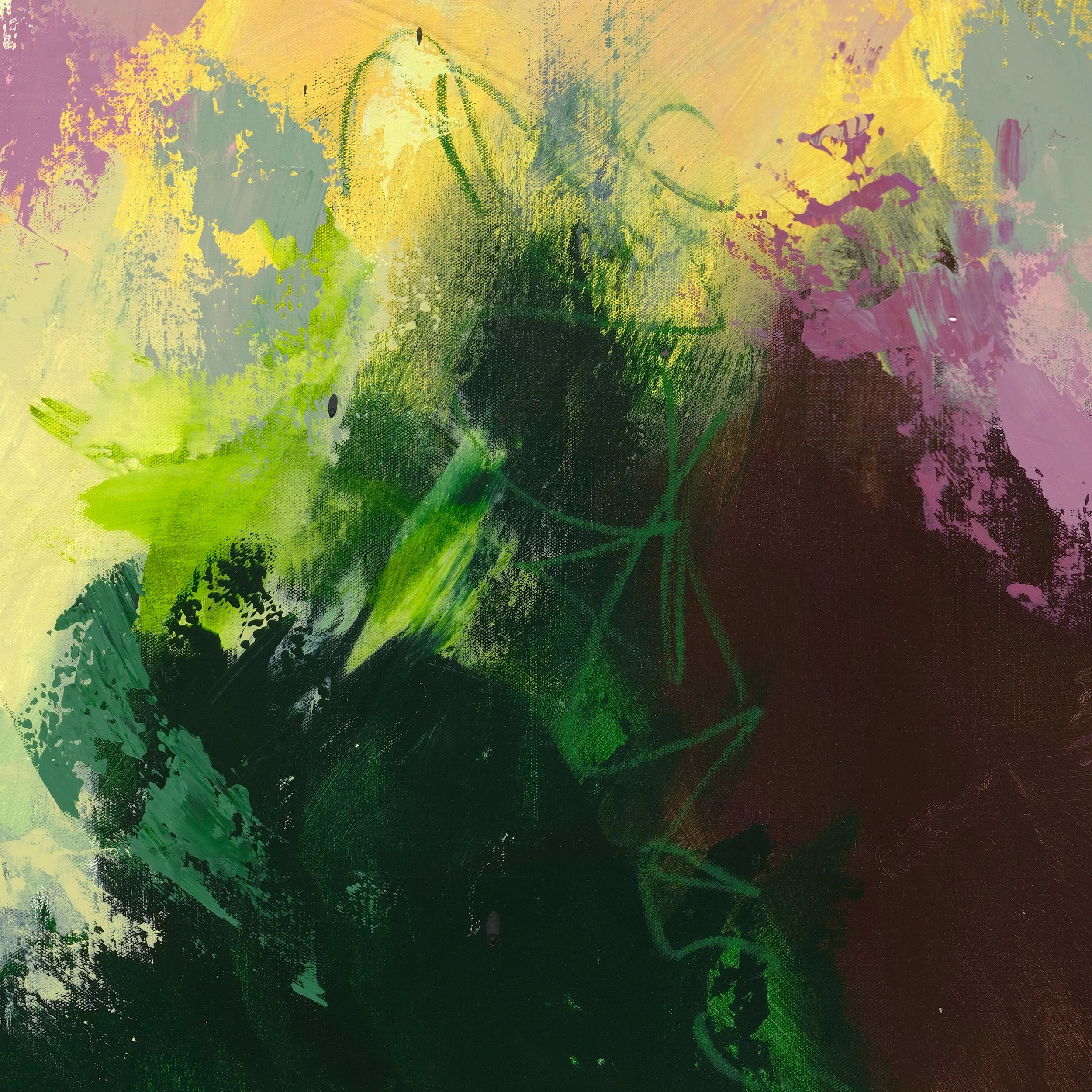 Abstract painting with splashes of purple, yellow, green, and black colors.