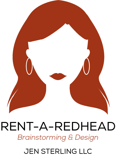 Illustration of a woman with long red hair, hoop earrings, and dark lipstick, with text reading 'RENT-A-REDHEAD Brainstorming & Design JEN STERLING LLC'.
