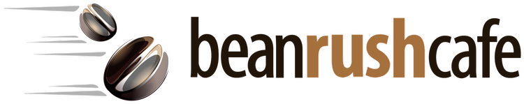 Logo of Bean Rush Cafe with two moving coffee beans to the left of the text.