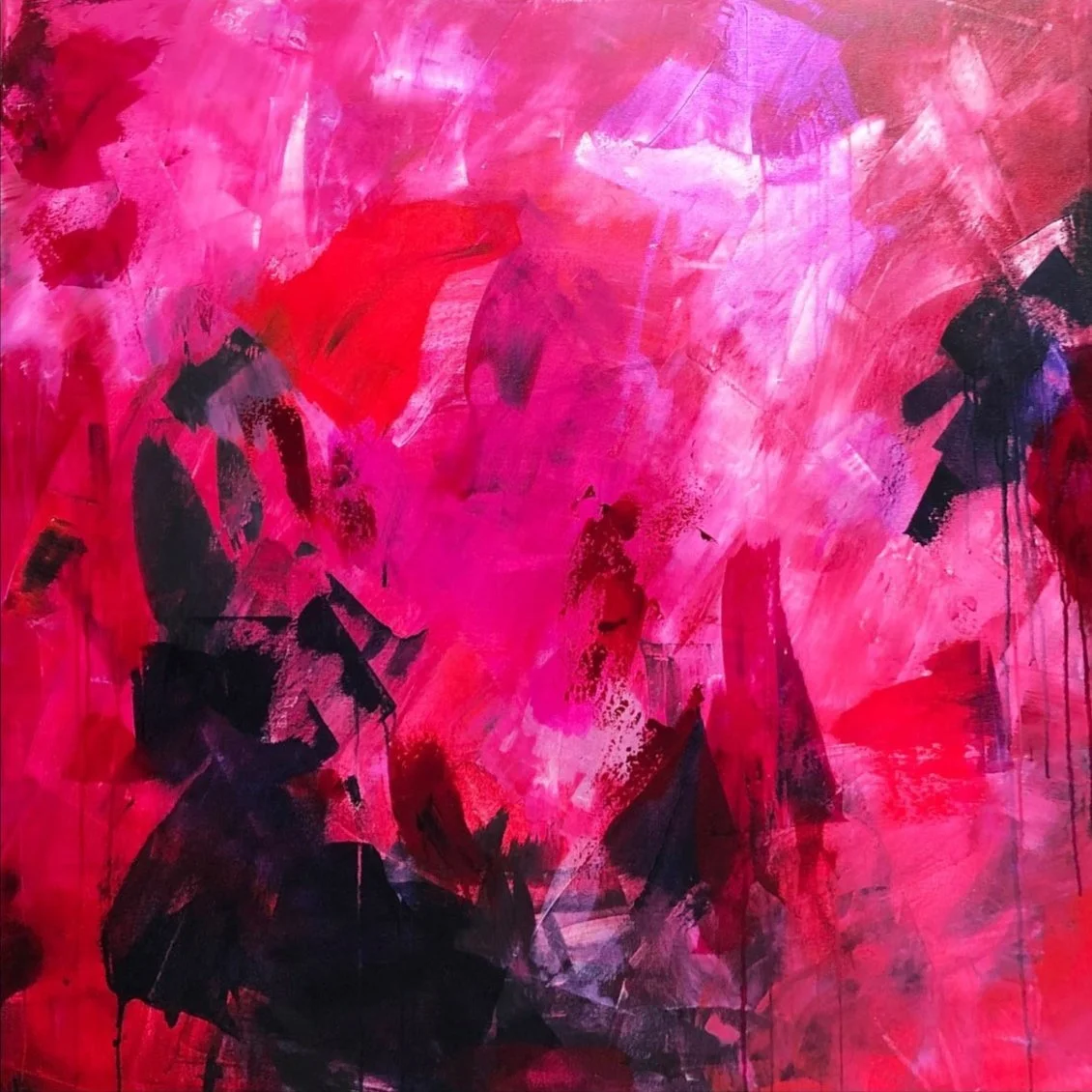 Abstract painting with bold strokes of pink, red, black, and purple colors.