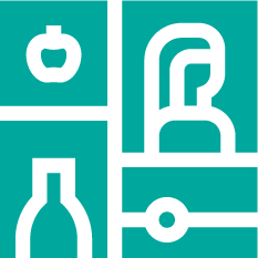 Four icons representing a perfume bottle, a hairdryer, a nail polish bottle, and a hand mirror.