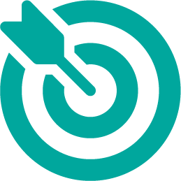 A black and teal target with an arrow hitting the bullseye.