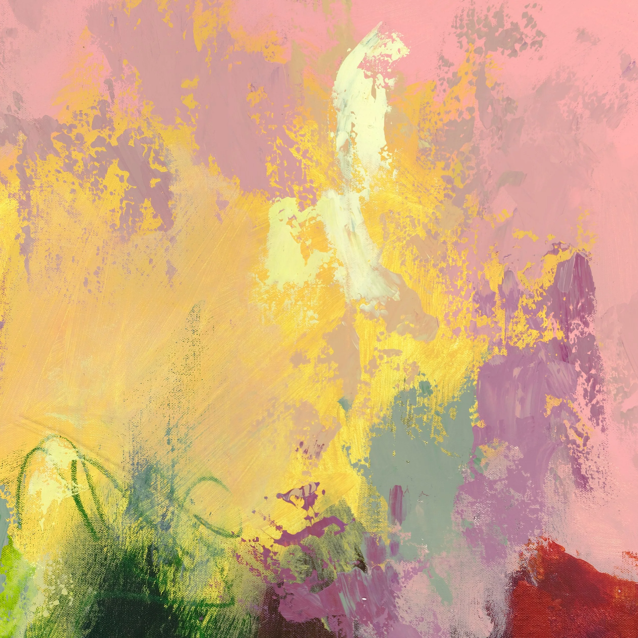 Abstract colorful painting with shades of yellow, pink, purple, green, and white.