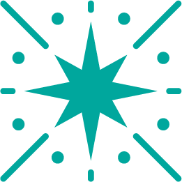 Stylized teal starburst with lines and dots radiating outward against a black background.