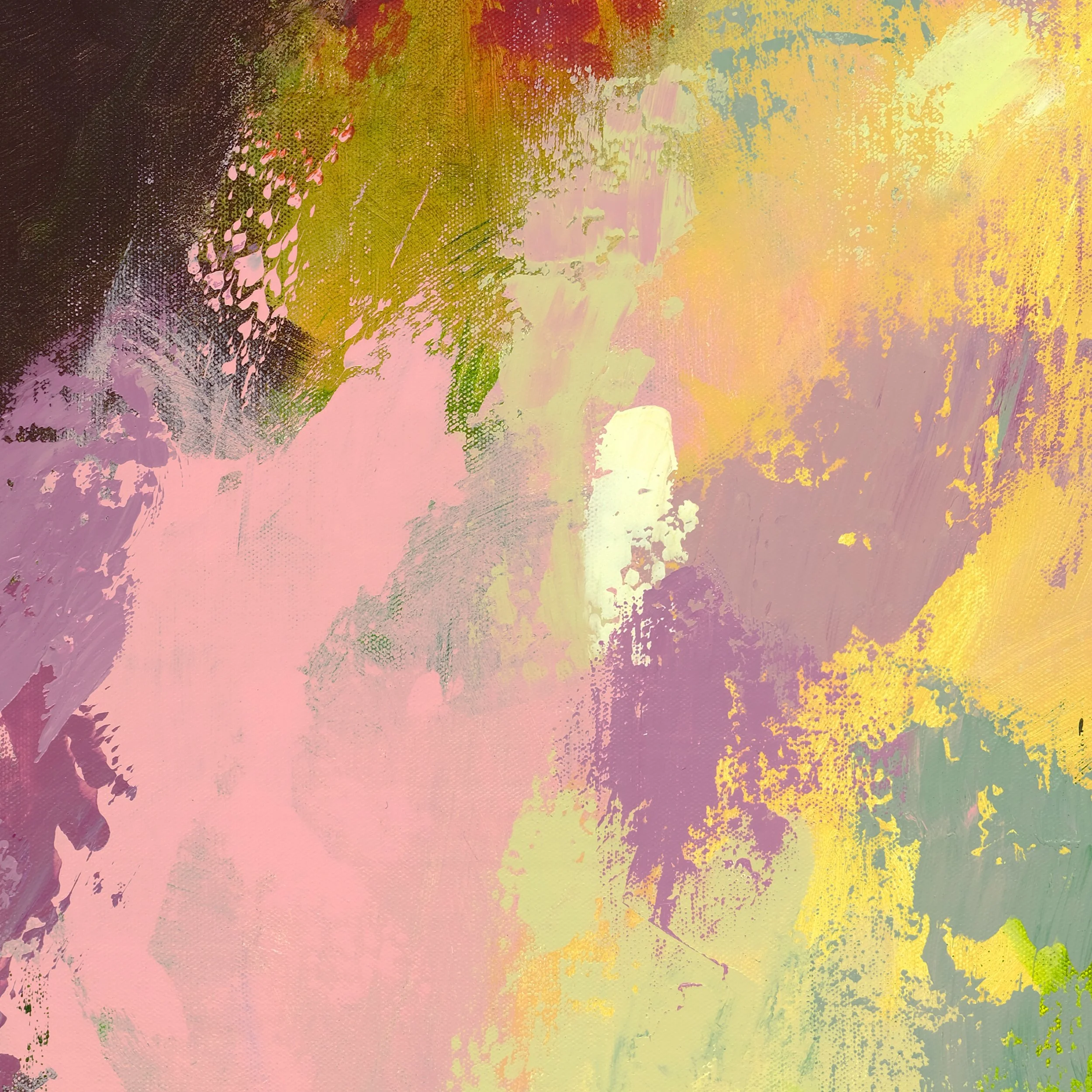 Abstract painting with splashes of pink, purple, yellow, green, and orange colors.