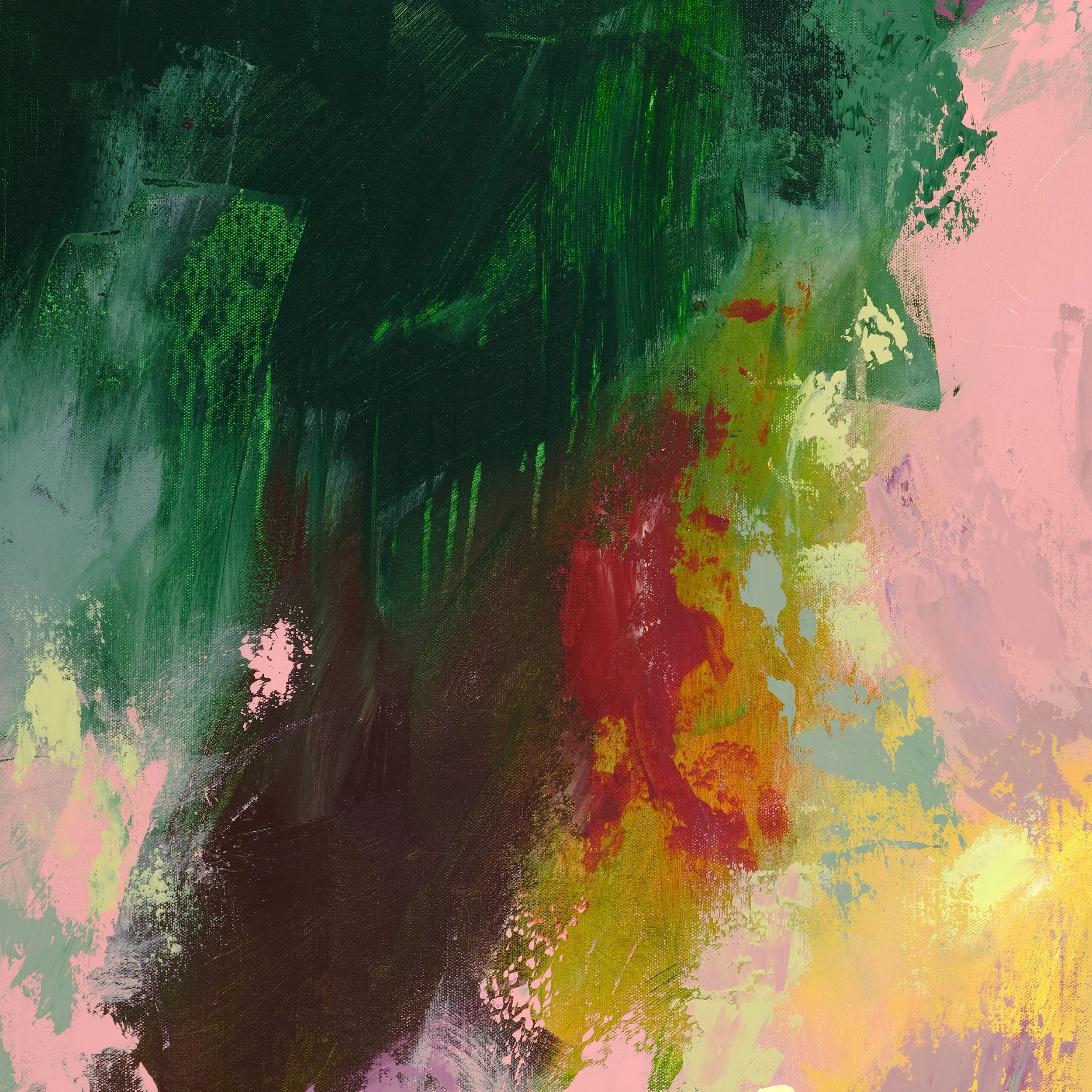 Abstract painting with green, red, yellow, pink, and dark colors, featuring textured and layered brushstrokes.