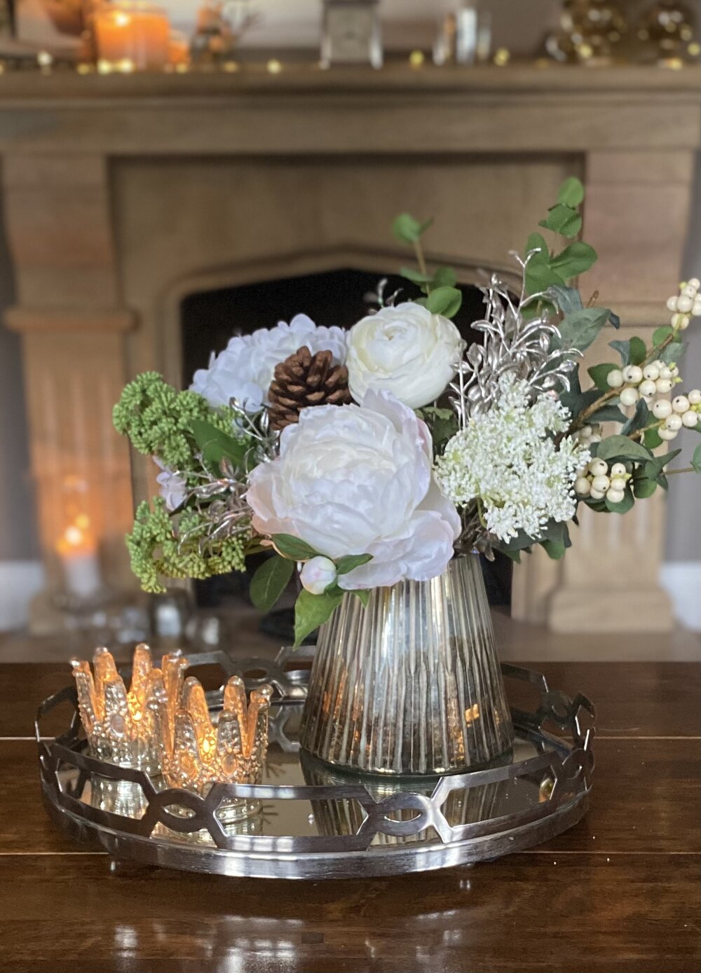 winter white artificial flowers arrangement in glass vase. Faux hydrangeas,  white peony and skimmia — Victoria James Floral Designs
