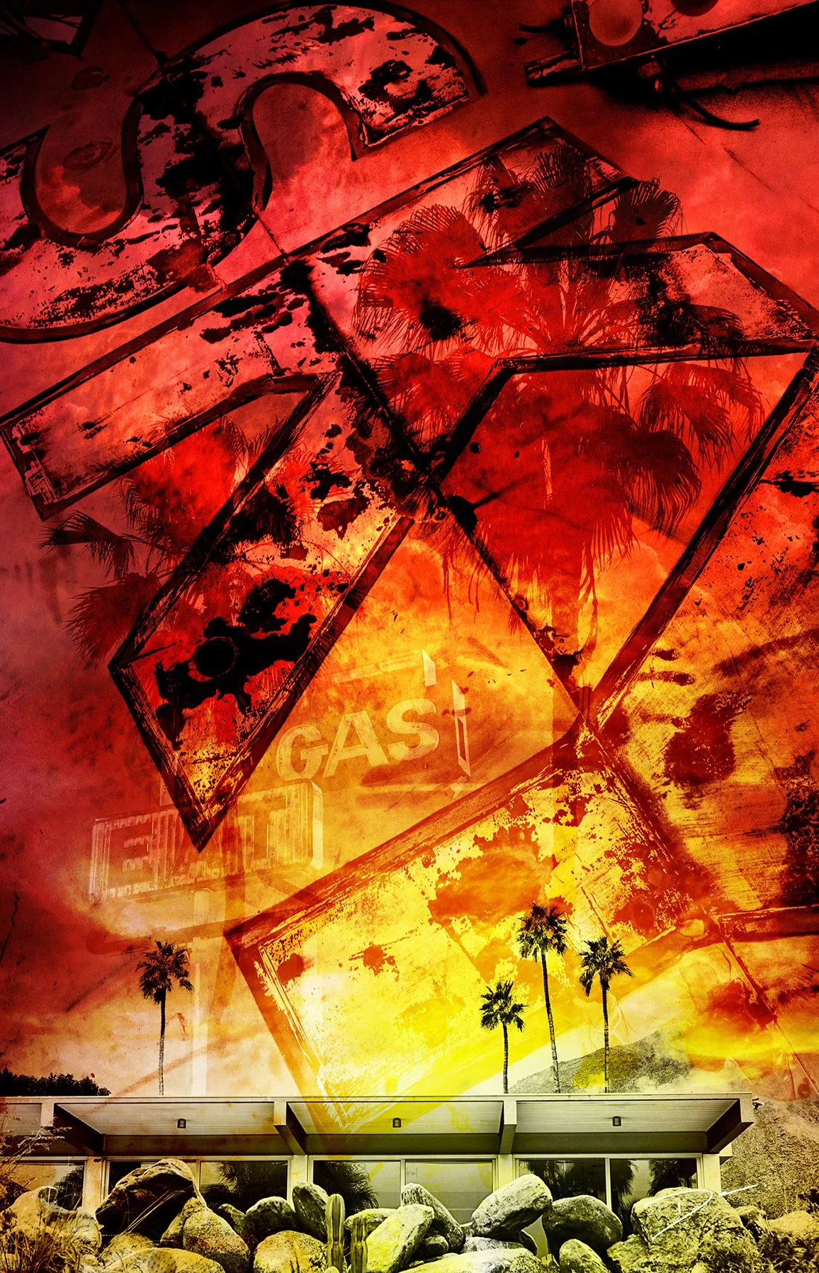 Artistic collage featuring a large, weathered red and black painted sign or mural with botanical and abstract designs, overlaid with neon signs reading 'GAS' and 'RESTAURANT,' palm trees silhouette, rocks, and desert plants in the background.
