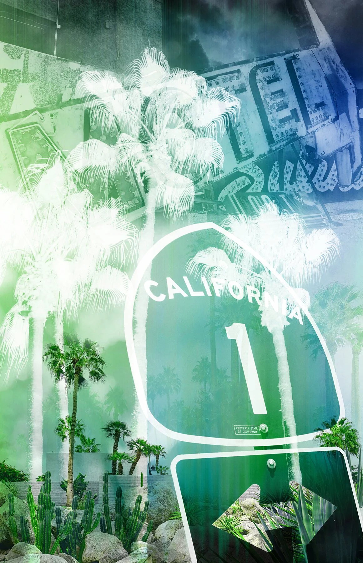 A digitally enhanced collage of a California State Route 1 road sign, palm trees, cacti, vintage neon signs, and fireworks, with a vibrant, multicolored overlay.