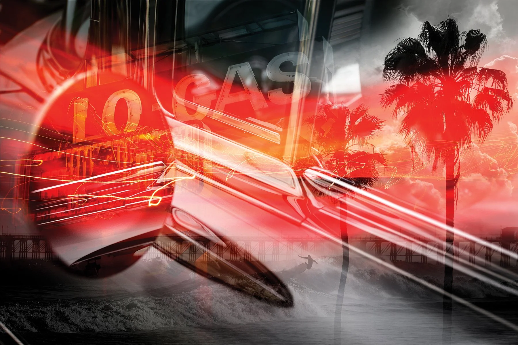 A digital composite featuring a close-up of a car speedometer with a red glow, a gas price sign showing $10, palm trees, a pier over the ocean, and a sunset sky with clouds.