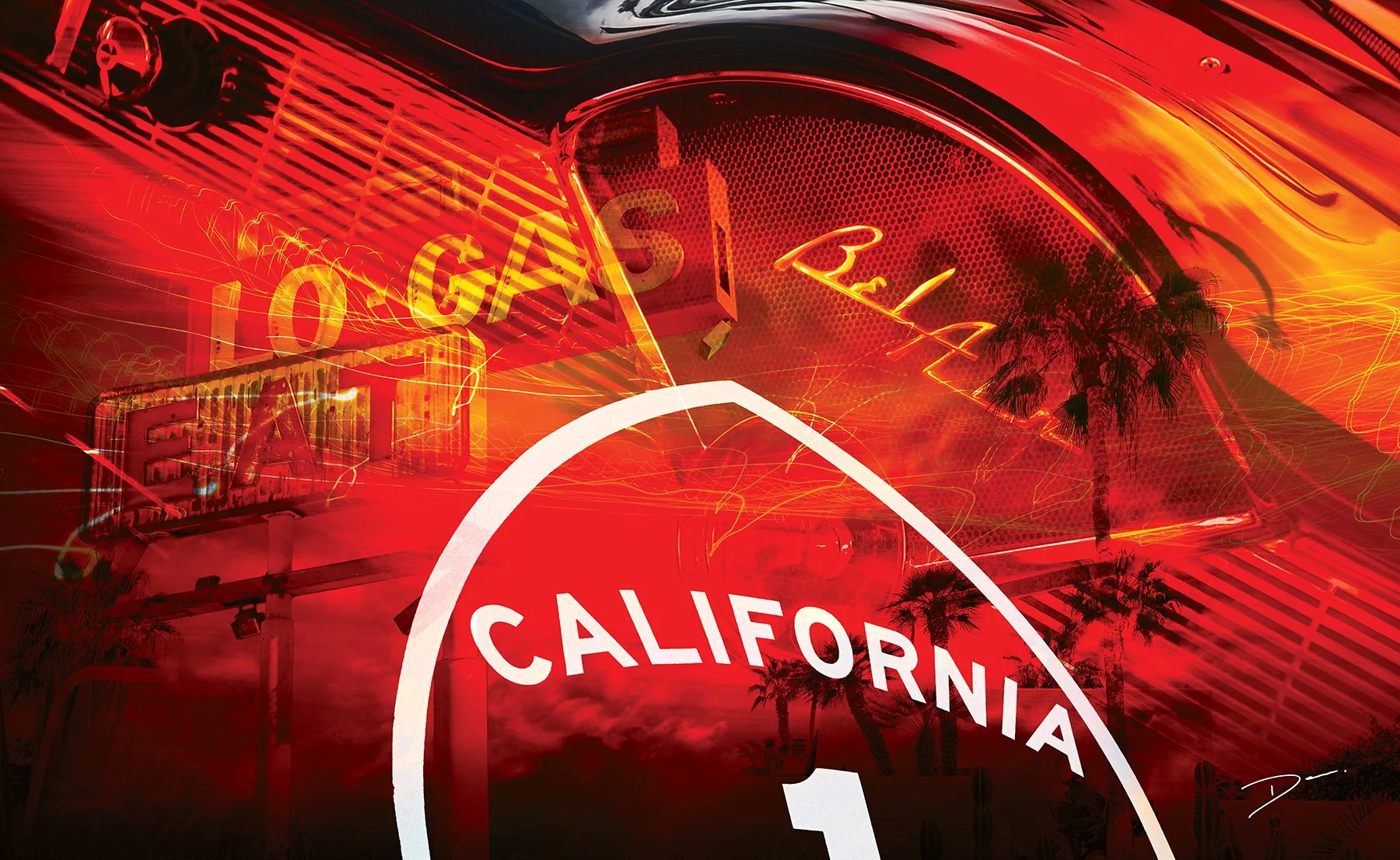 A vibrant red and orange abstract composition with neon signs, palm trees silhouettes, and partial signs reading 'GAS' and 'LOS ANGELES,' creating a dynamic and energetic scene reminiscent of California nightlife.