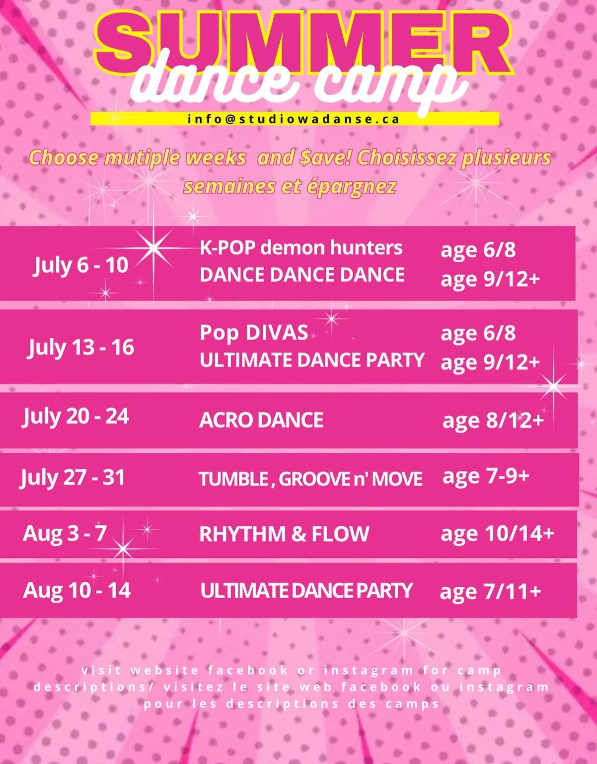 ☀️Summer Dance Camp for summer FUN! 

Come meet new friends or learn a new skill 💃🏻
Not sure which camp to choose? DM or Give us a call to discuss all the exciting options! 

☀️Rencontrez de nouveaux amis ou apprenez une nouvelle comp&eacute;tence 