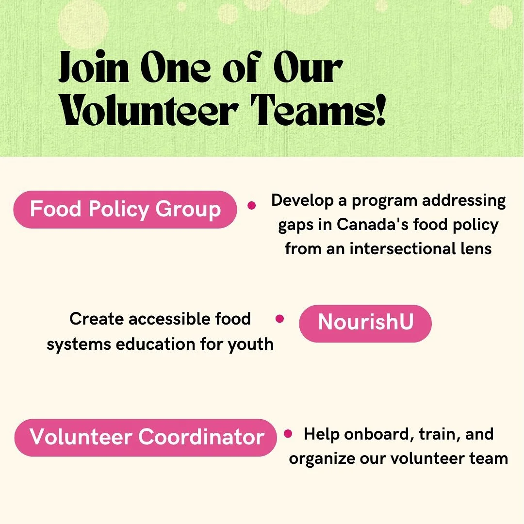 Do you want to help create programs that promote a more just and sustainable food system? NGM is currently recruiting team members from anywhere across Canada! 

We are  looking for volunteers to join the following teams:
💗 Food Policy Group - devel