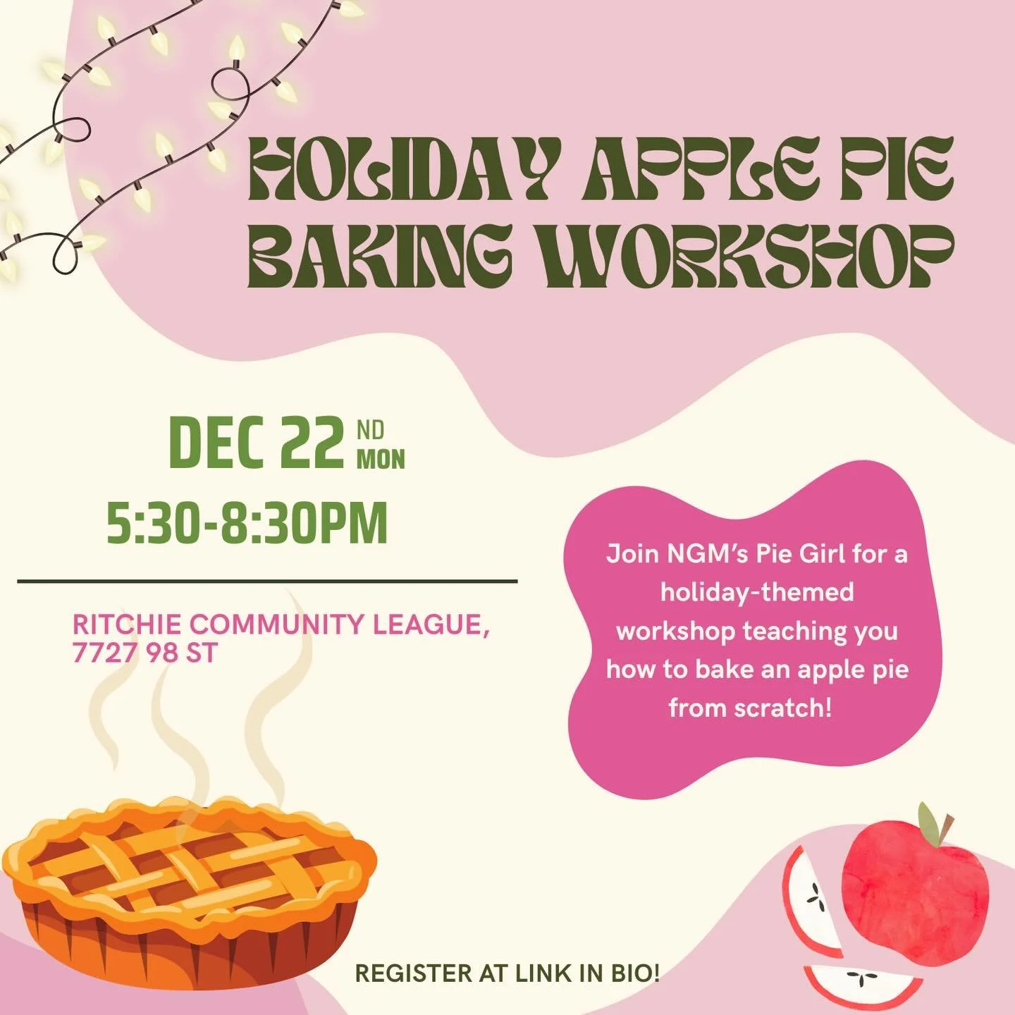 🥧 Our Holiday Apple Pie Baking Workshop is coming up on December 22 and there are only 3 tickets left!

Join NGM&rsquo;s in-house Pie Girl, Becca MacLeod, for a festive, holiday-themed workshop teaching you how to bake an apple pie from scratch! 

W