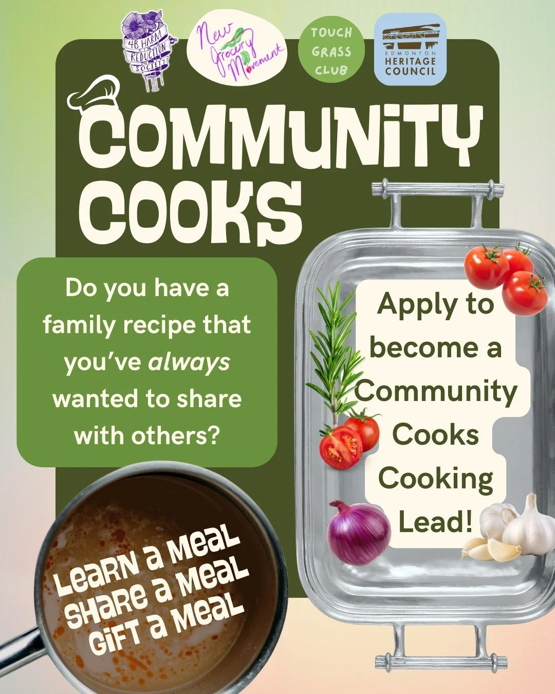 Have you ever dreamed of sharing an old family recipe or your favorite cultural dish? Well we're looking for you...Apply now to become a Cooking Lead for our next Community Cooks class! 

Whether you're a chef or a home-cook, we welcome all to apply.