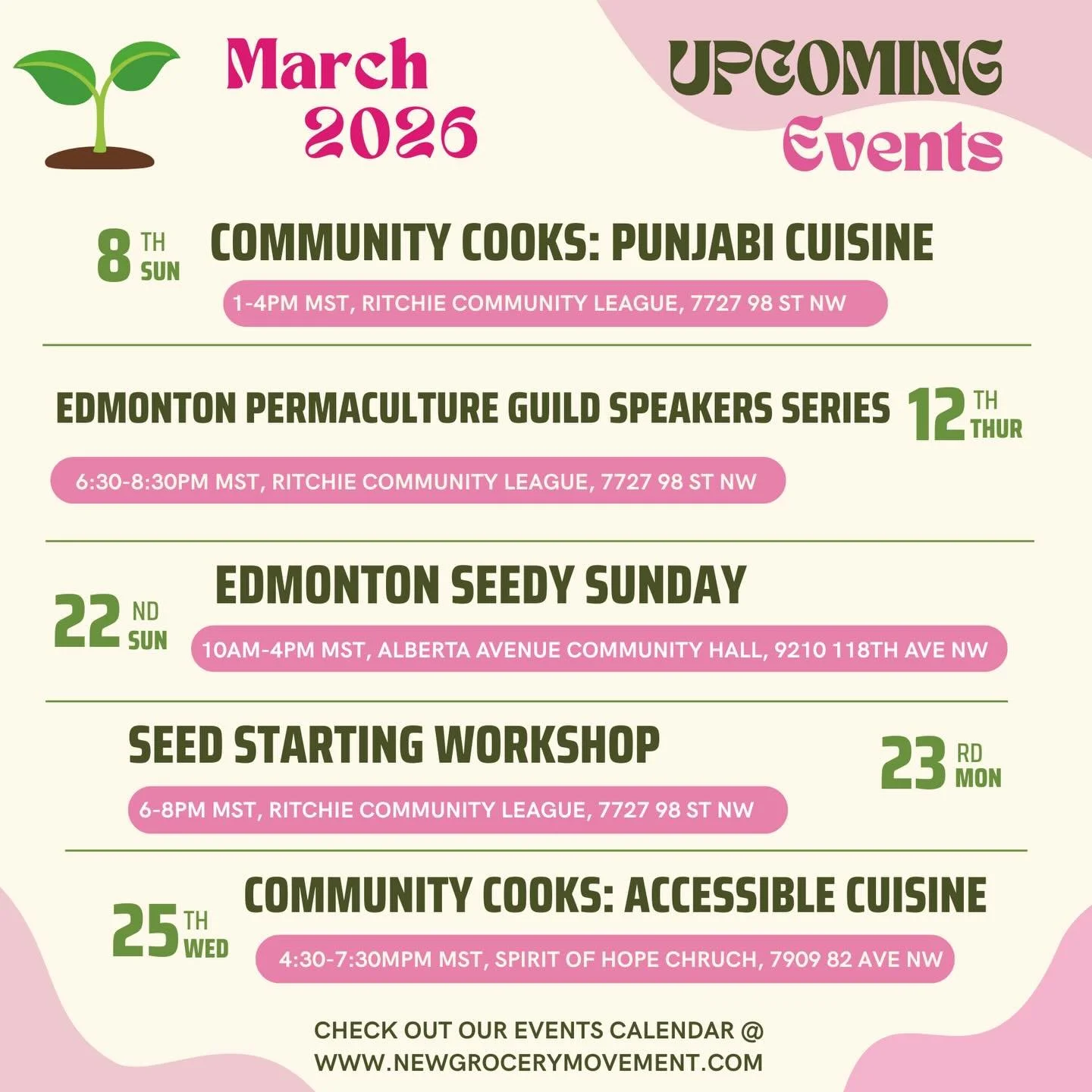 With March just around the corner, NGM is ready to see you all at 5 exciting events! 

🍴March 8: Community Cooks: Punjabi Cuisine - Join @newgrocerymovement , @touchgrassclub , and @4b.harm.reduction for our second Community Cooks class! The class t