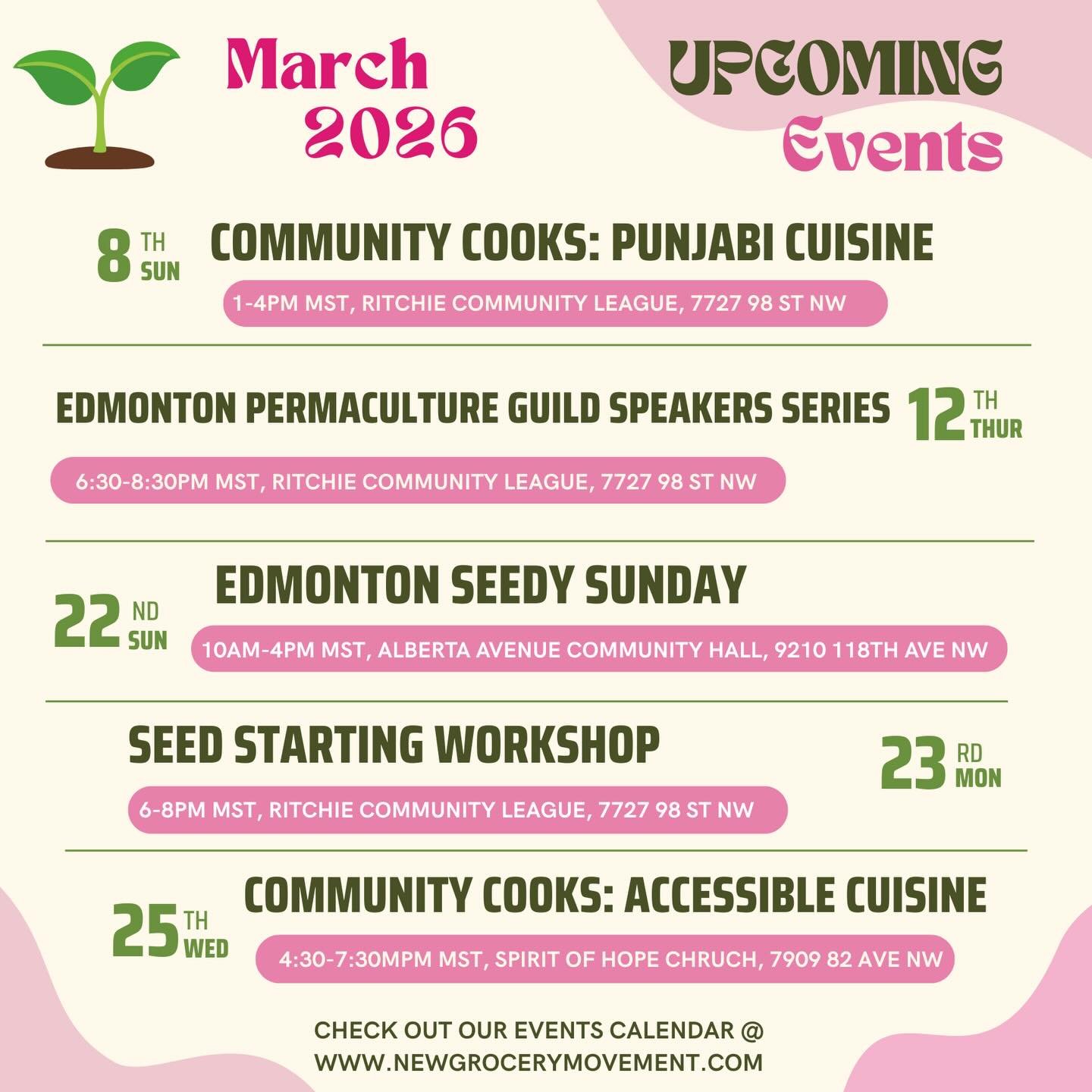 With March just around the corner, NGM is ready to see you all at 5 exciting events! 

🍴March 8: Community Cooks: Punjabi Cuisine - Join @newgrocerymovement , @touchgrassclub , and @4b.harm.reduction for our second Community Cooks class! The class t