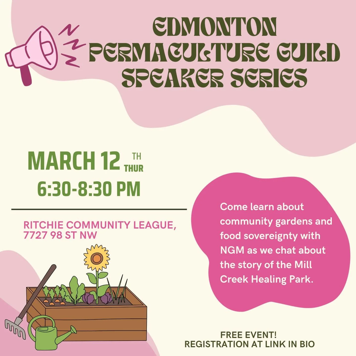 Join us on March 12 as NGM presents at the third instalment of the Edmonton Permaculture Guild Speakers Series. Hear us share about The Story of the Mill Creek Healing Park: what we can learn from the determined journey of a small garden in Edmonton&