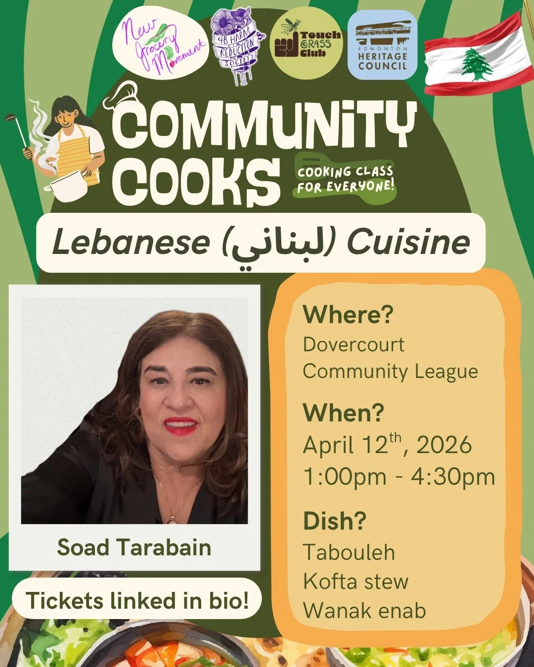April Community Cooks class just dropped!

Join @newgrocerymovement, @touchgrassclub, and @4b.harm.reduction on April 12 for Community Cooks: Lebanese Cuisine. We are lucky to be joined by Soad Tarabain who will lead us through an array of delicious 