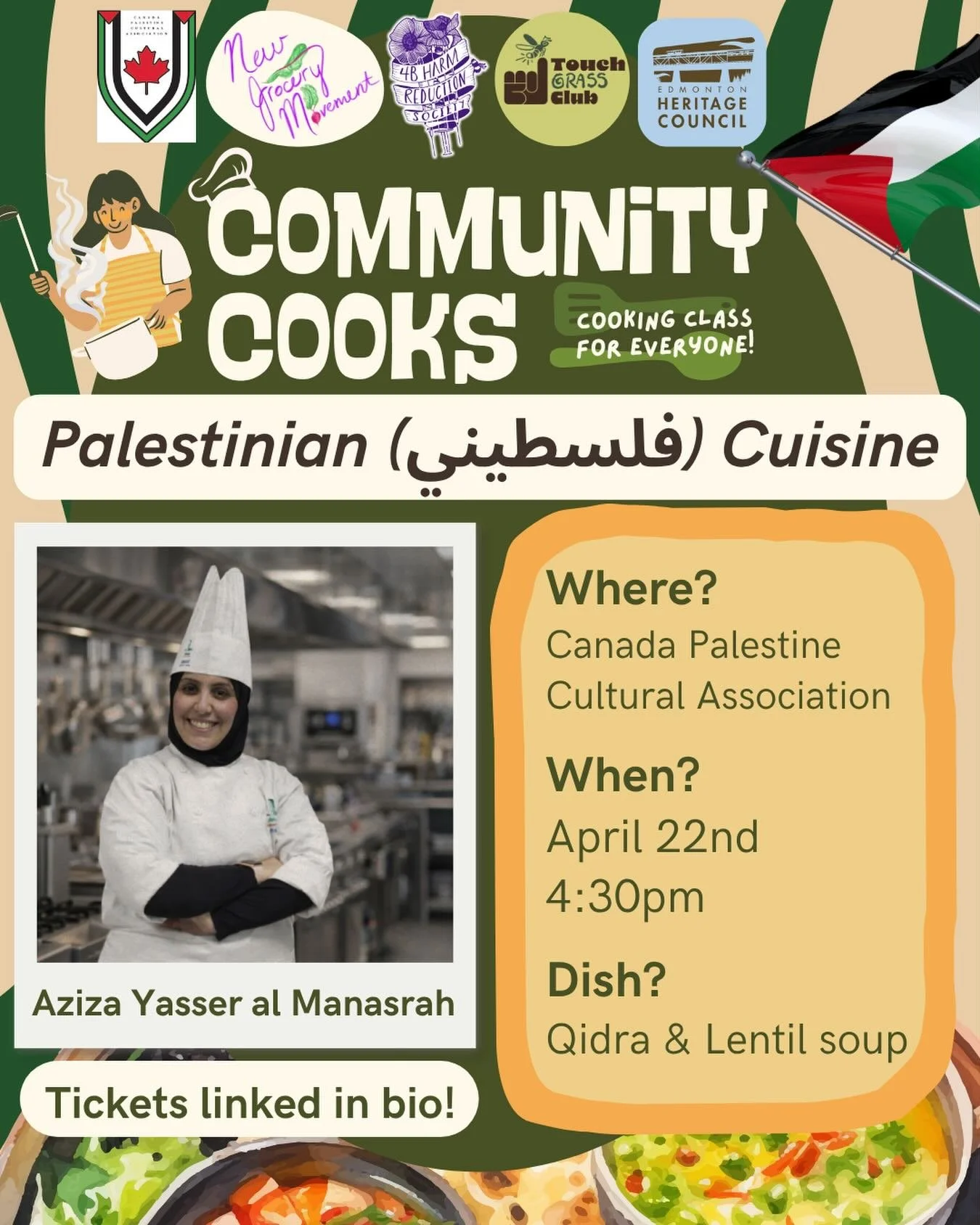 We&rsquo;re excited to announce our next Community Cooks class! 

Join @newgrocerymovement, @touchgrassclub, and @4b.harm.reduction on April 22 for Community Cooks:
Palestinian Cuisine. We are grateful to be joined by @chefazizayaseer who will lead u