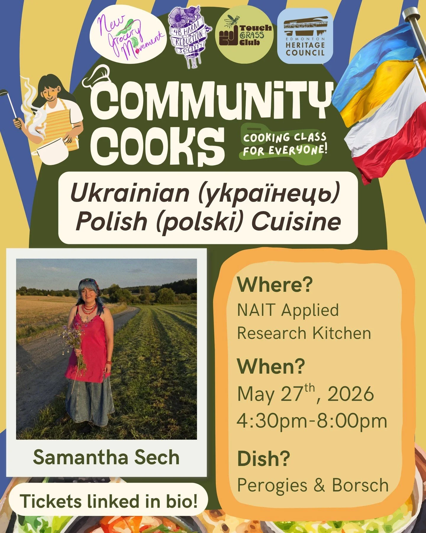🥟 Join @newgrocerymovement, @touchgrassclub, and @4b.harm.reduction on May 10th for Community Cooks: Ukrainian/Polish Cuisine

🏫 We are grateful to be joined by Sam Sech who will lead us through preparing perogis and borsch and excited to be holdin