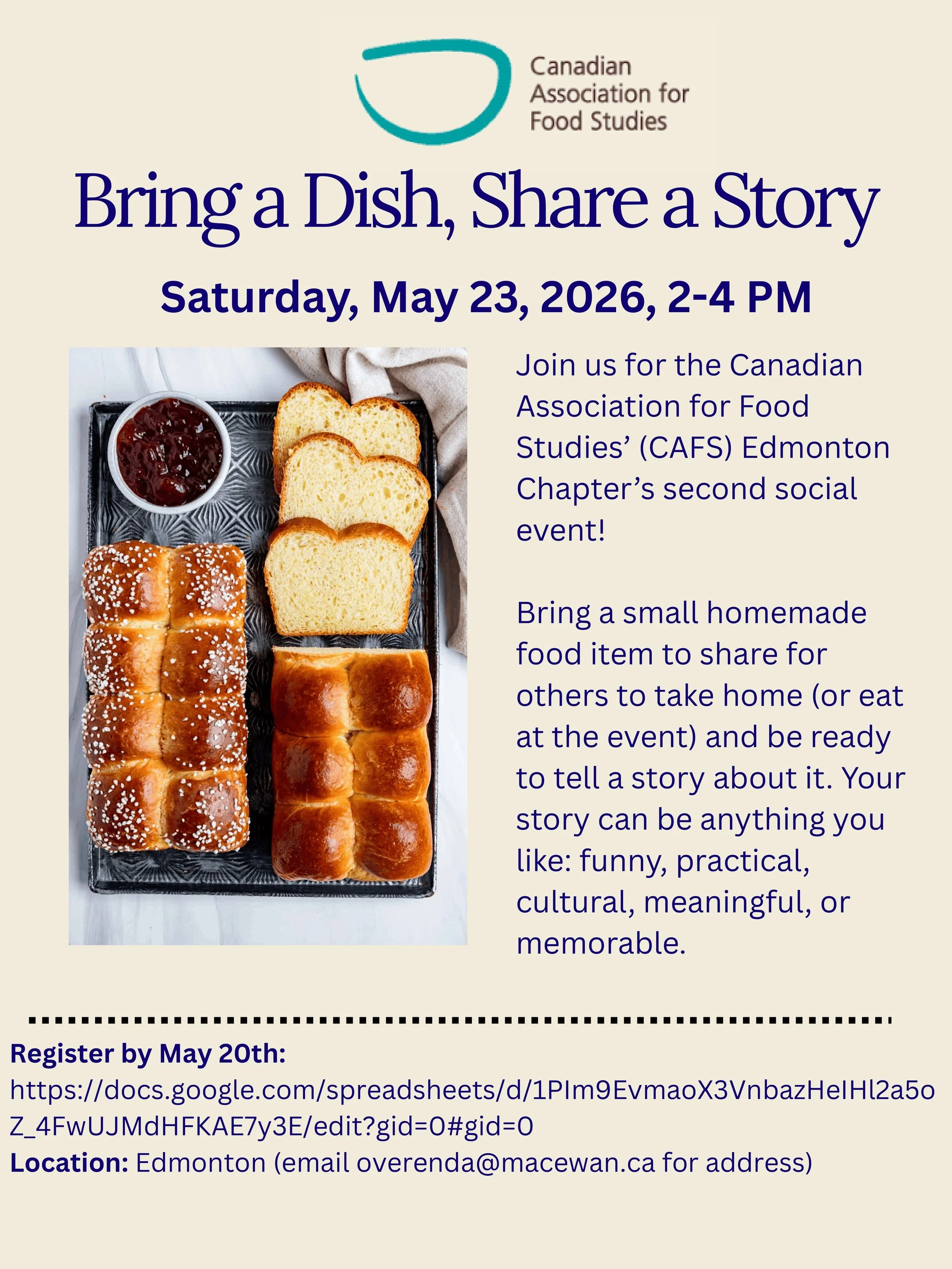 NGM would like to extend an invitation to an upcoming event on behalf of @cafs_foodstudies for next weekend!

Edmonton's CAFS chapter is hosting their second social event on Sat, May 23. Stop by from 2-4pm with a small homemade food item to share. Ti