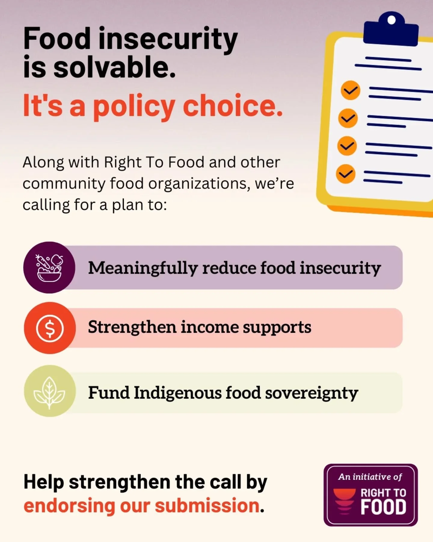 We&rsquo;re proud to stand alongside community food organizations across Canada in supporting Right To Food&rsquo;s 2026 pre-budget submission.
This submission is an opportunity for the food security sector to put forward solutions ahead of the fall 