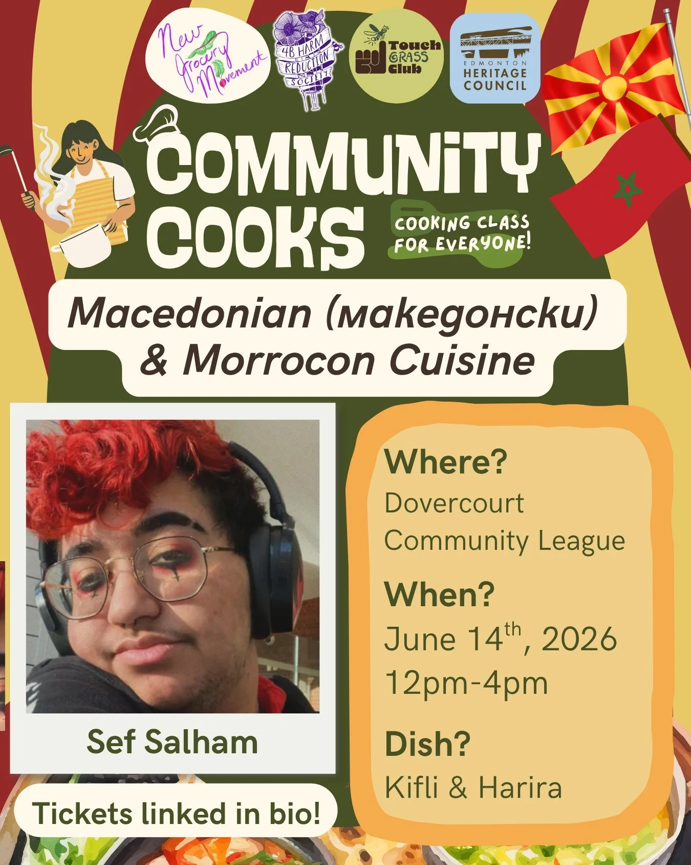 🥣 Join @newgrocerymovement, @touchgrassclub, and @4b.harm.reduction on June 14th for a fusion of Macedonian and Moroccan cuisine!

🏫 We are grateful to be joined by @ghoulhypnotic who will lead us through preparing Kifli &amp; Harira - and excited 