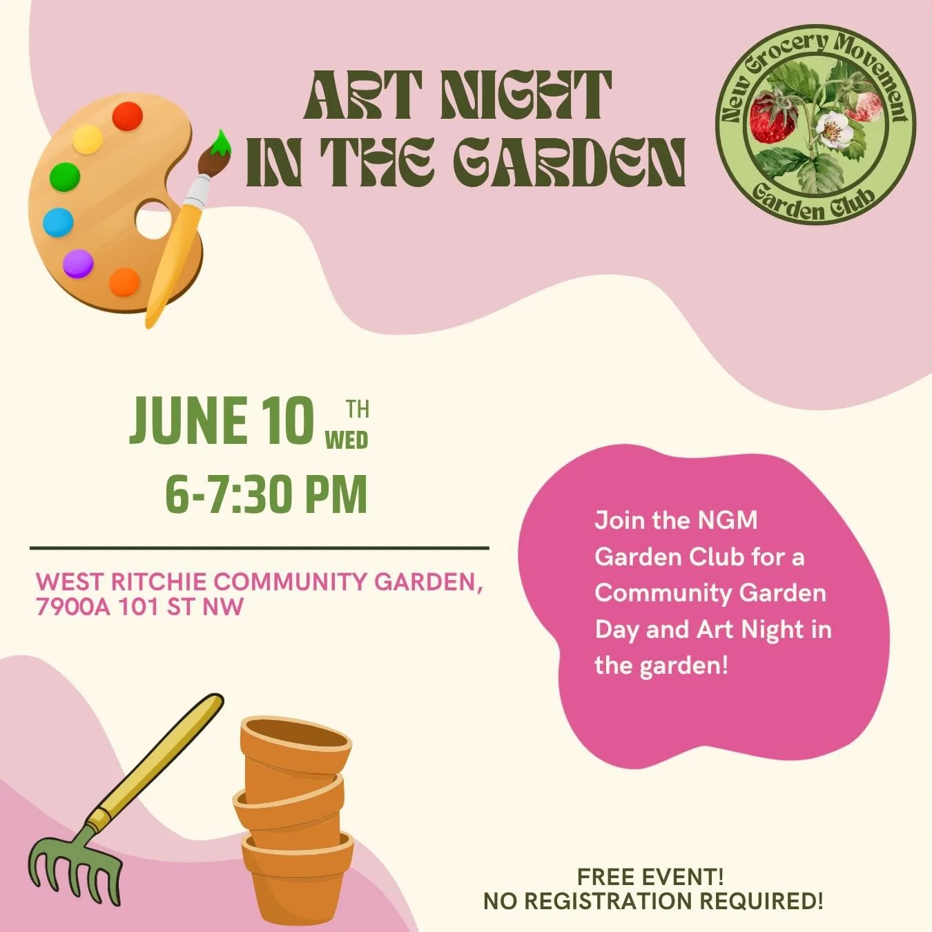 🎨 Join NGM on June 10 for a Community Garden Day and Art Night in the Garden! Enjoy a fun night of creativity and nature with the NGM Garden Club. 

Participants can paint, sketch, or craft surrounded by greenery, with options for painting rocks, po
