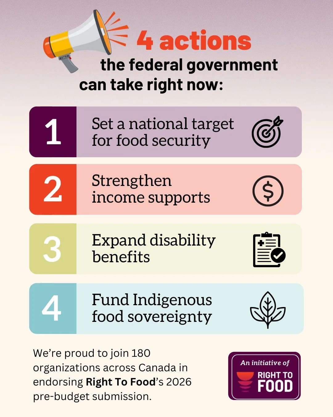 We&rsquo;re proud to join organizations across Canada in endorsing @righttofoodcanada 2026 pre-budget submission.

Together, we&rsquo;re calling for action to reduce food insecurity and strengthen income supports.

Right To Food&rsquo;s pre-budget su