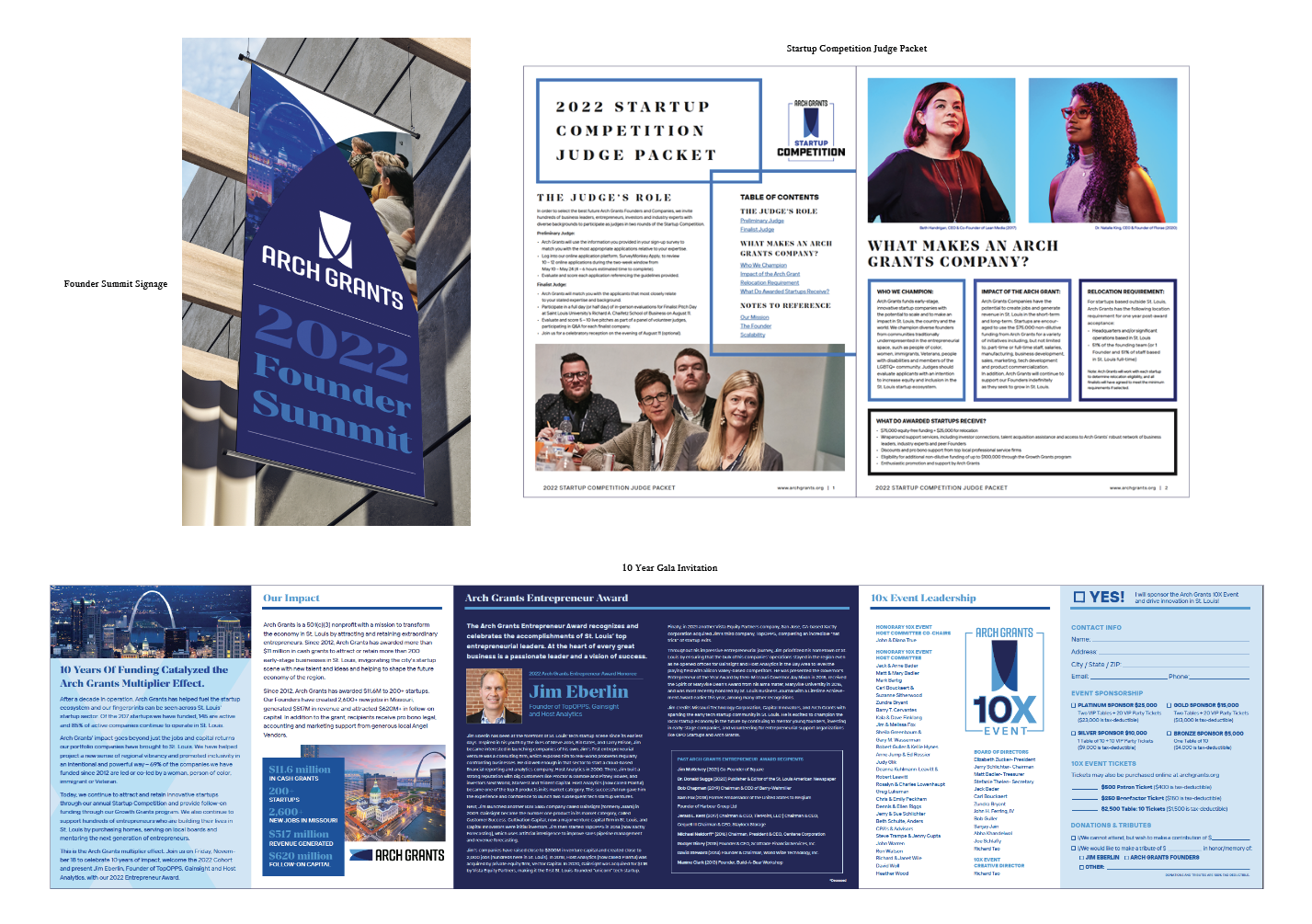 Marketing materials for Arch Grants, an organization focused on funding and cultivating the St. Louis entrepreneurial community

