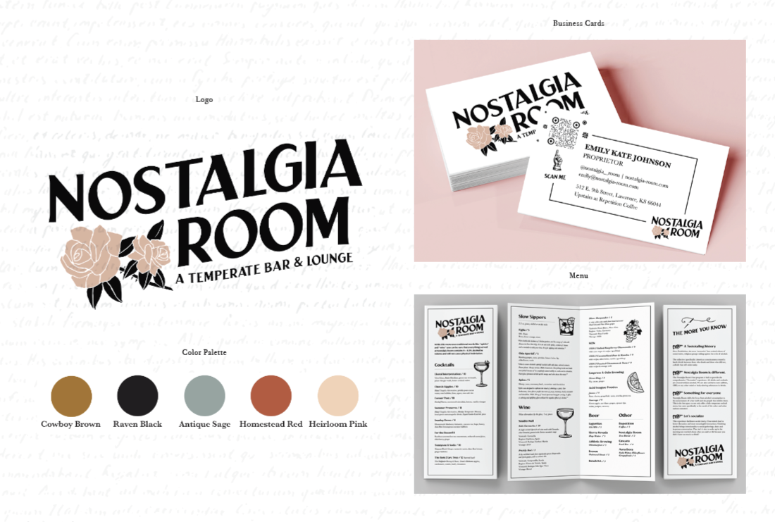 Logo development, business cards and brand guidelines for Nostalgia Room, a fully temperate bar that redefines what it means to socialize while still honoring the stories and hospitality of of the past