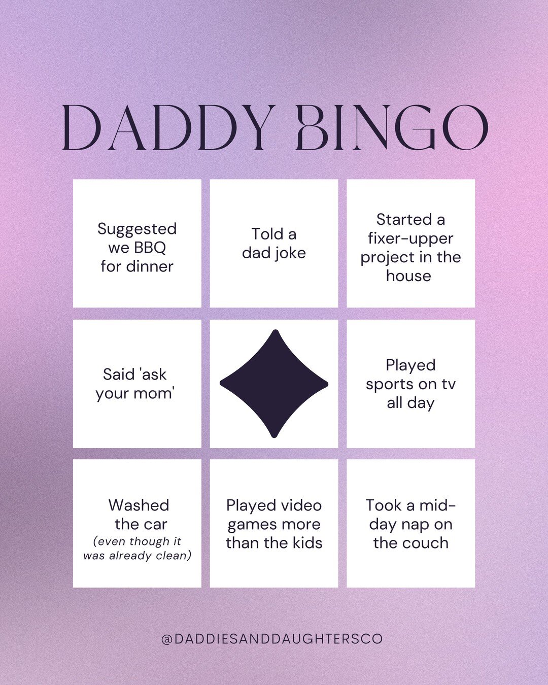 Everyone knows a dad who's done a fair share of these things, don't we? 😅

Let us know if you got bingo or tag a dad who needs to play!
.
.
.
.
.
.
#blackparentsunited #blackparentsbelike #blackparents #girldad  #blackfamilygoals #muslimfamily #musl