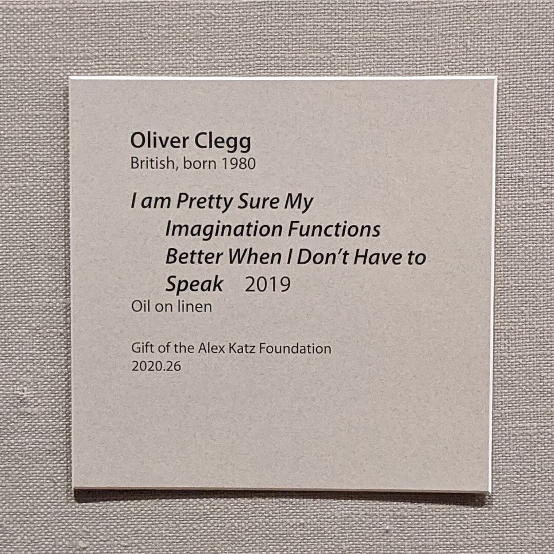 Spotted during this weekend's trip to the McNay Art Museum. Wow, call me out like that why don't you? 😅

Oliver Clegg British, born 1980
I am Pretty Sure My Imagination Functions Better When I Don't Have to Speak 
2019
Oil on linen
Gift of the Alex 